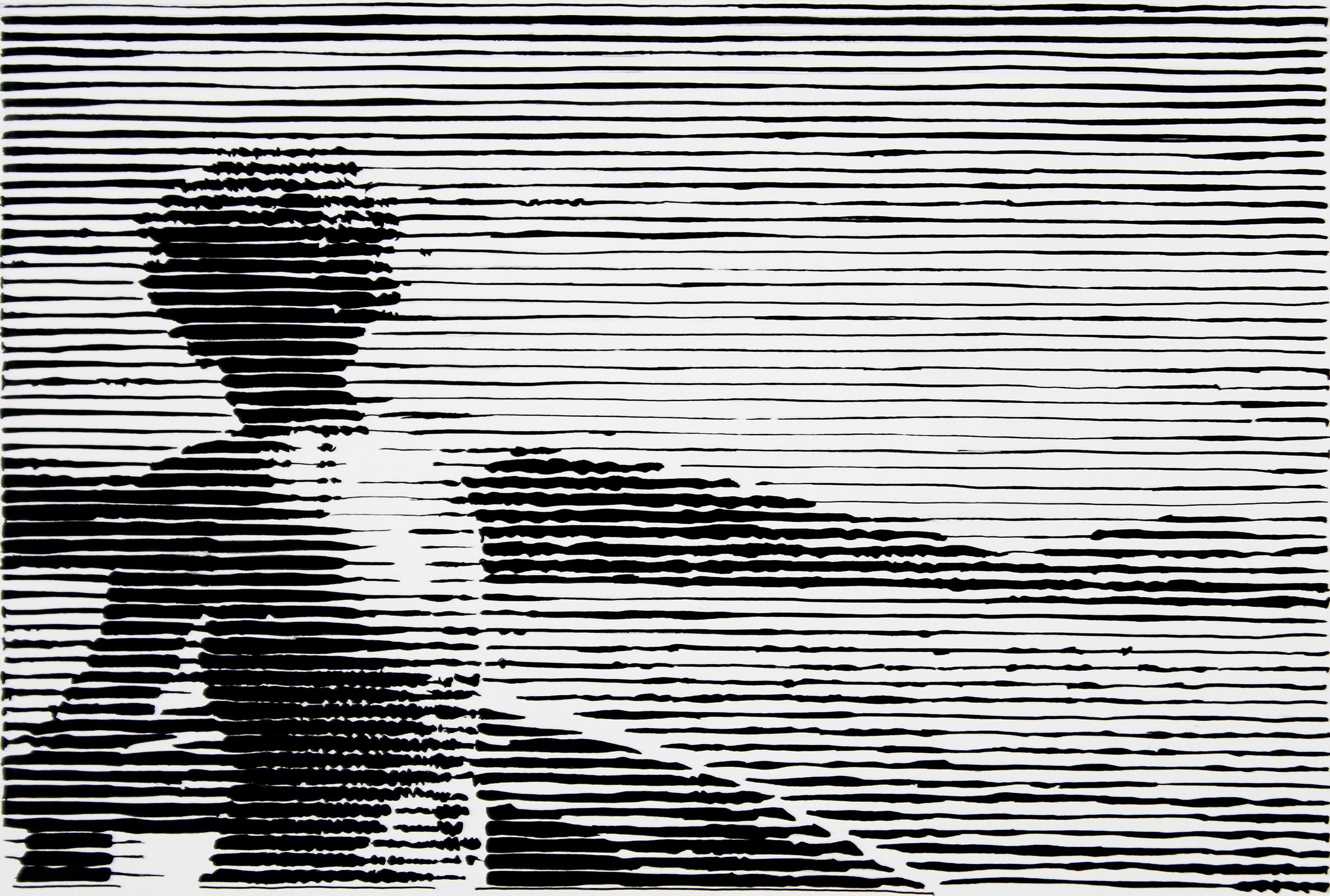 Charles Buckley Portrait - Born on a Boat, black and white work on paper, woman on lake, stripes