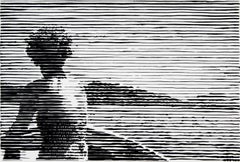 Born on a Boat, black and white work on paper, woman on lake, stripes
