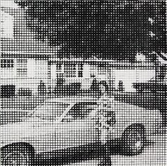 Cindy and Her Camaro, black and white work on paper, woman with car, vintage