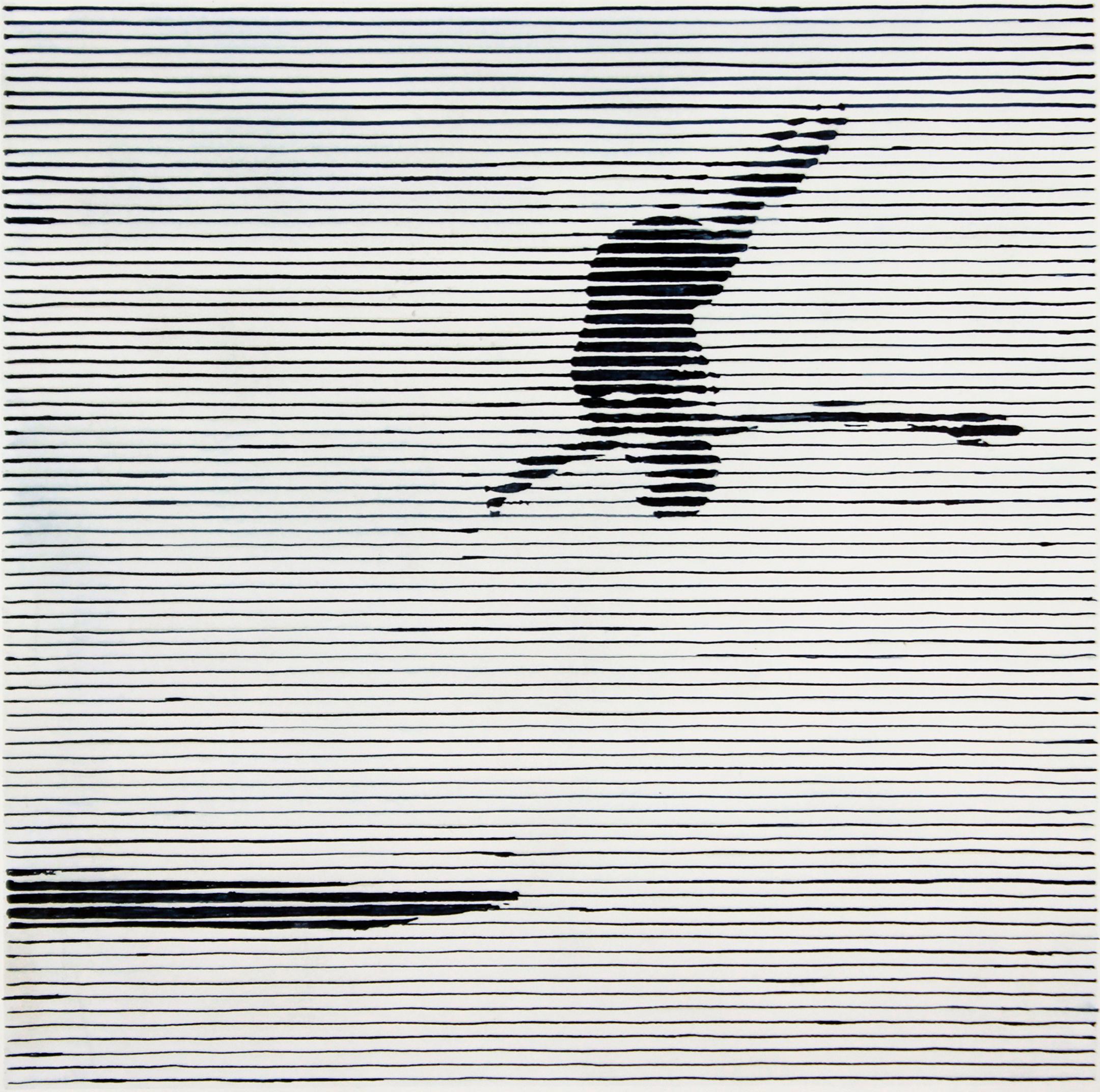 Charles Buckley Portrait - High Diver, black and white work on paper, woman diving into pool, stripes