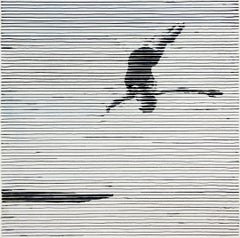 High Diver, black and white work on paper, woman diving into pool, stripes