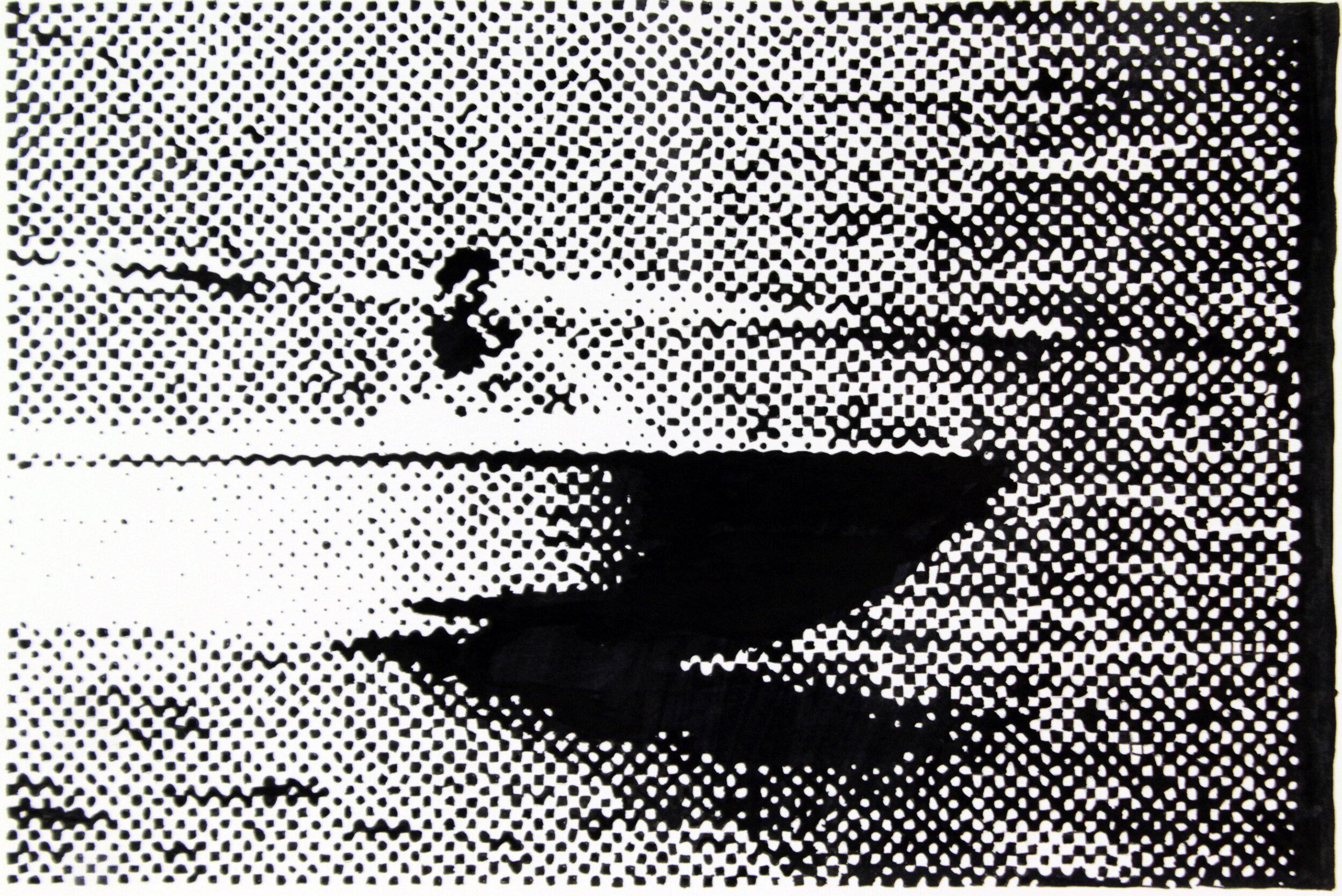 Charles Buckley Portrait - Speed Boat, black and white work on paper, woman driving boat, dots