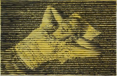 Sun & Solitude, yellow and black work on paper, woman sunbathing, stripes