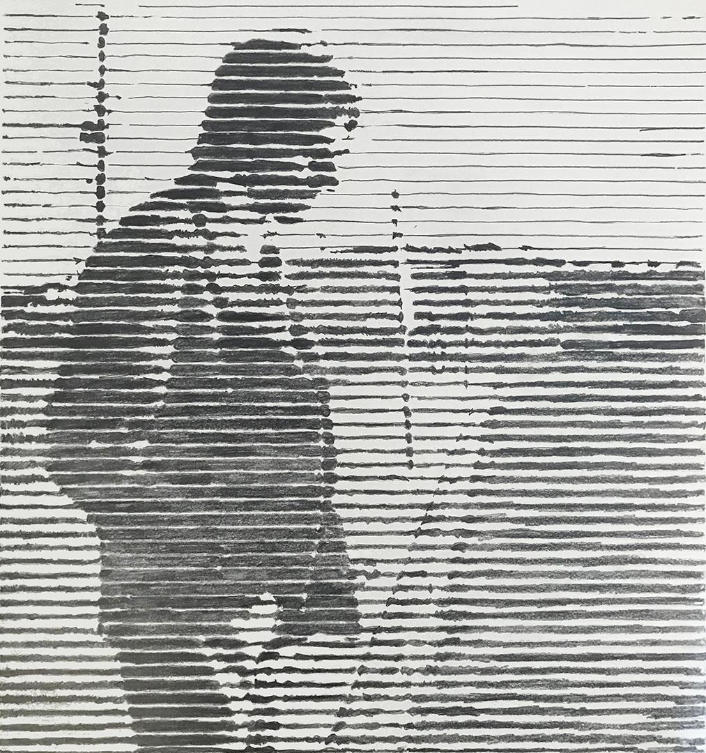 Charles Buckley Landscape Art - Stepping Out, black and white drawing of a man on a deck