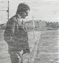Stepping Out, black and white drawing of a man on a deck
