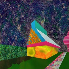 Idle Night, vibrant surrealistic painting of architecture against starry sky