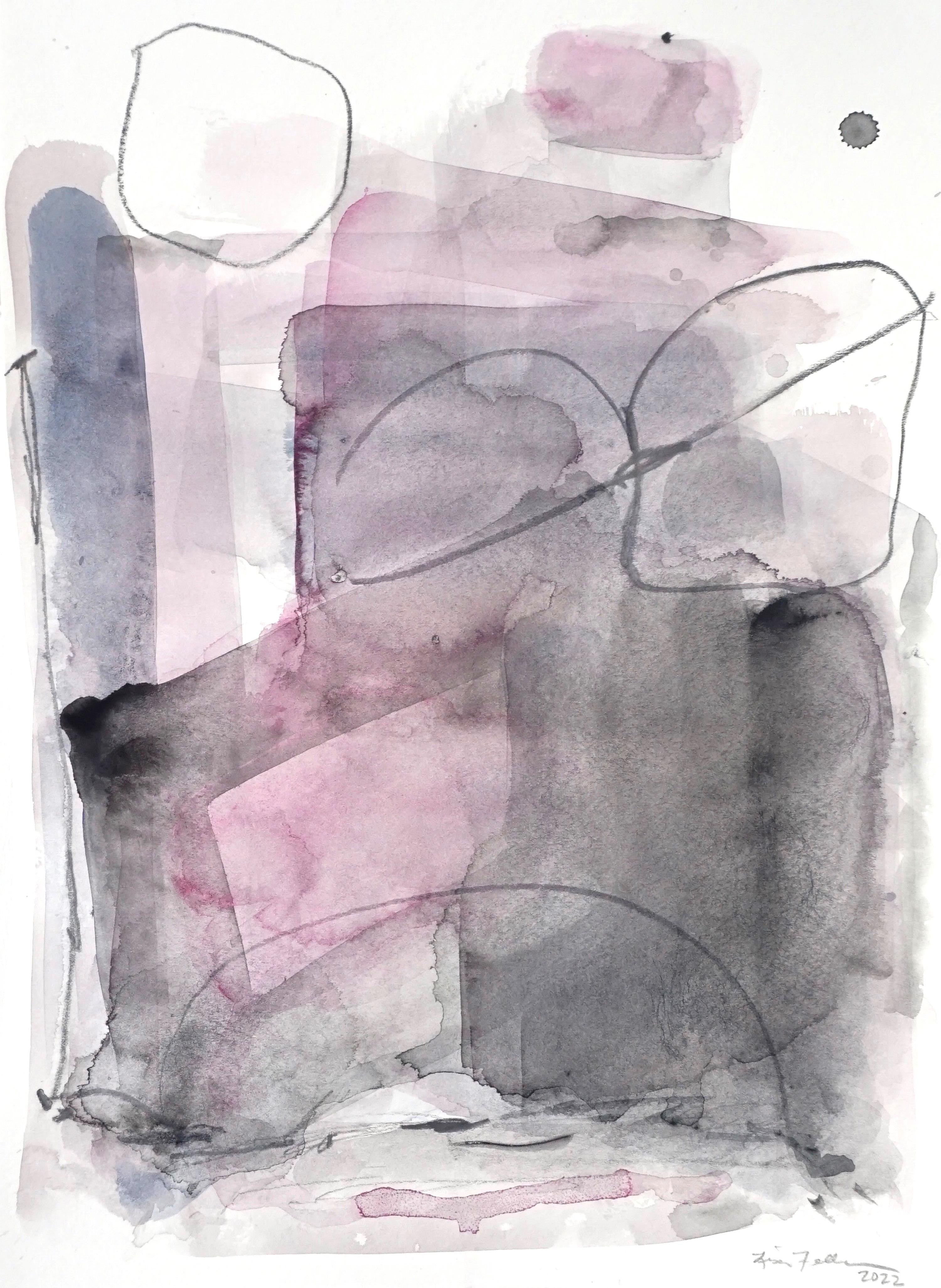 Rosey Combo, aquarelle abstraite rose pastel et grise sur papier d'archives