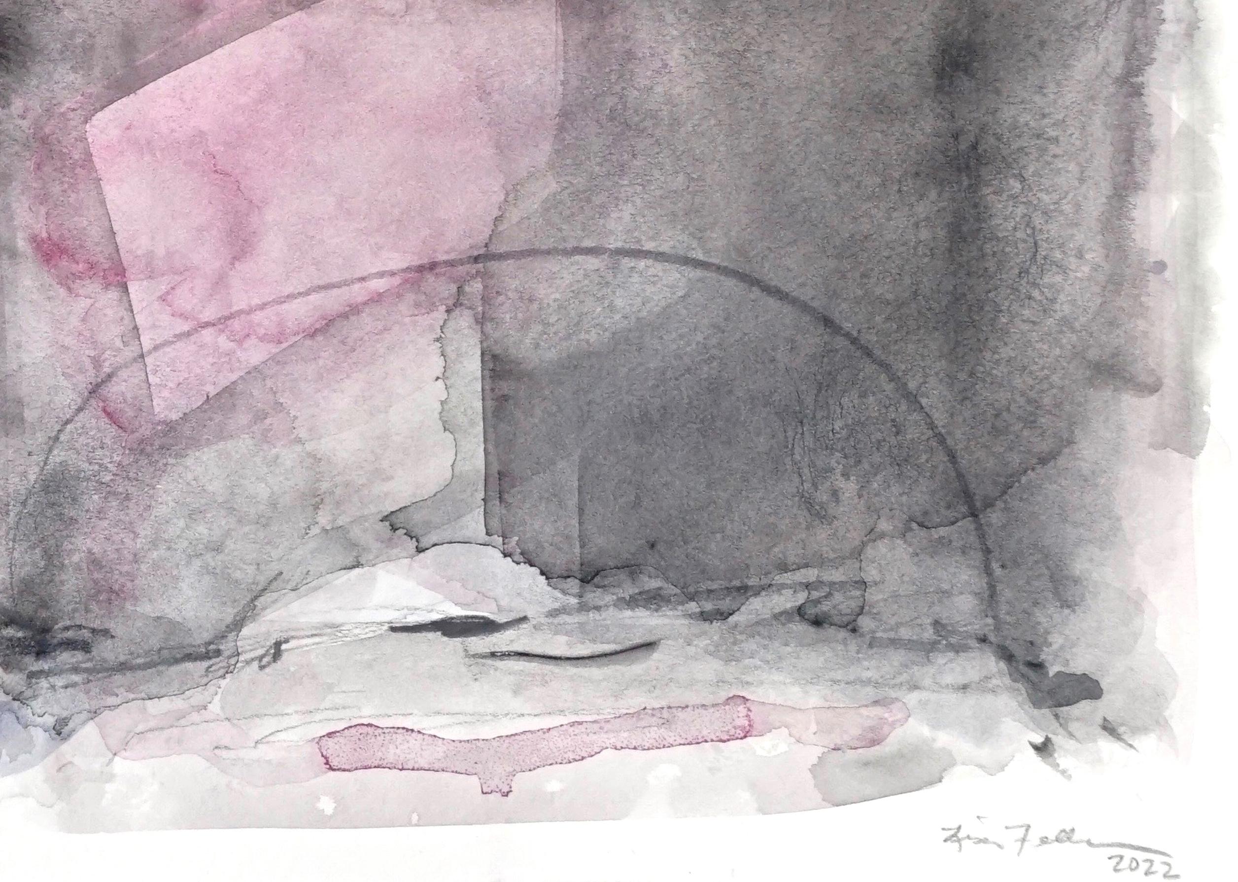 Rosey Combo, abstraktes Aquarellgemälde in Pastellrosa und Grau auf Archivpapier – Art von Lisa Fellerson