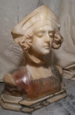 Antique Art Nouveau Alabaster & Marble Bust Sculpture of Dante’s Beatrice 