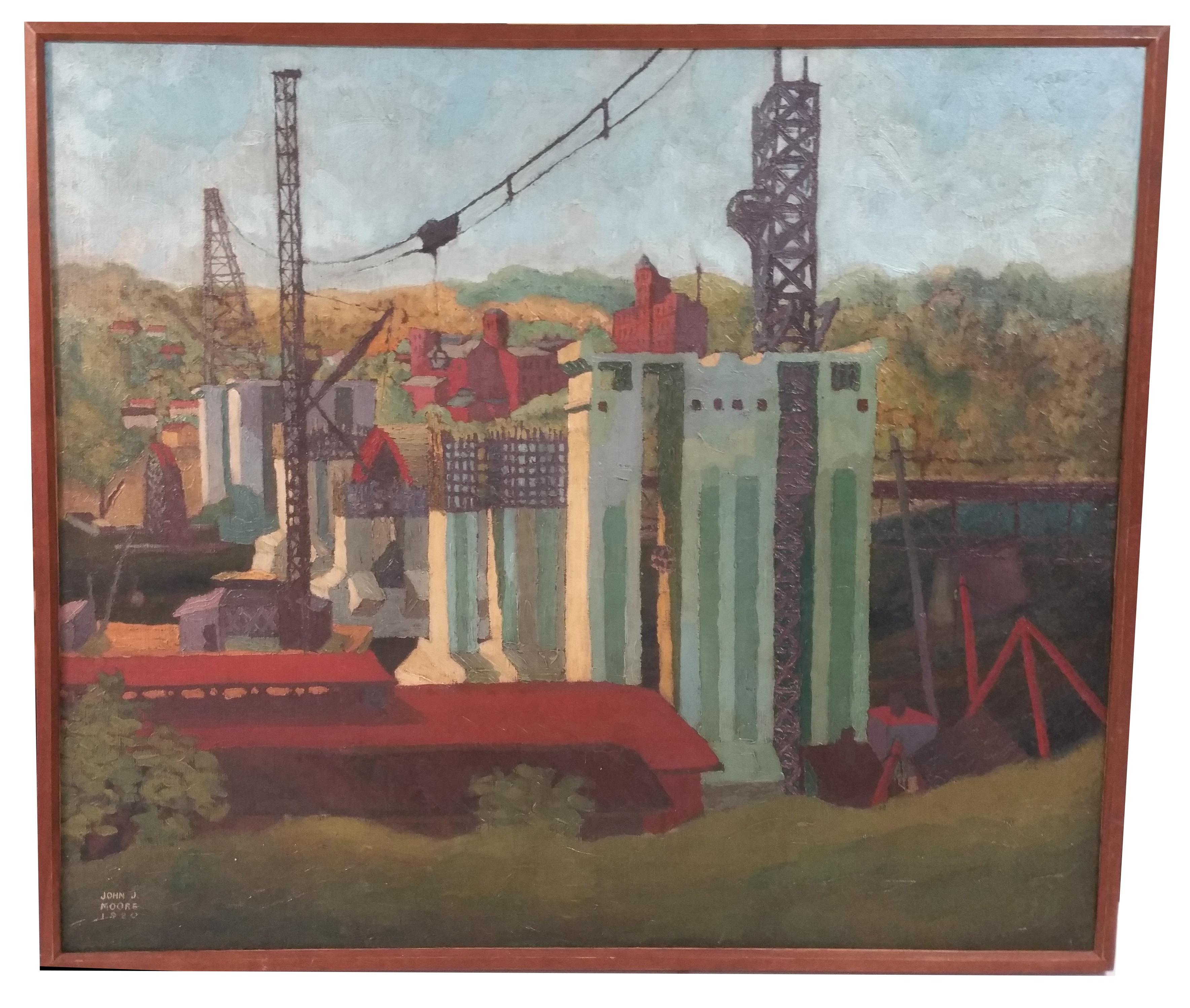 John J. Moore Landscape Painting - The Construction of the Key Bridge,  Washington DC