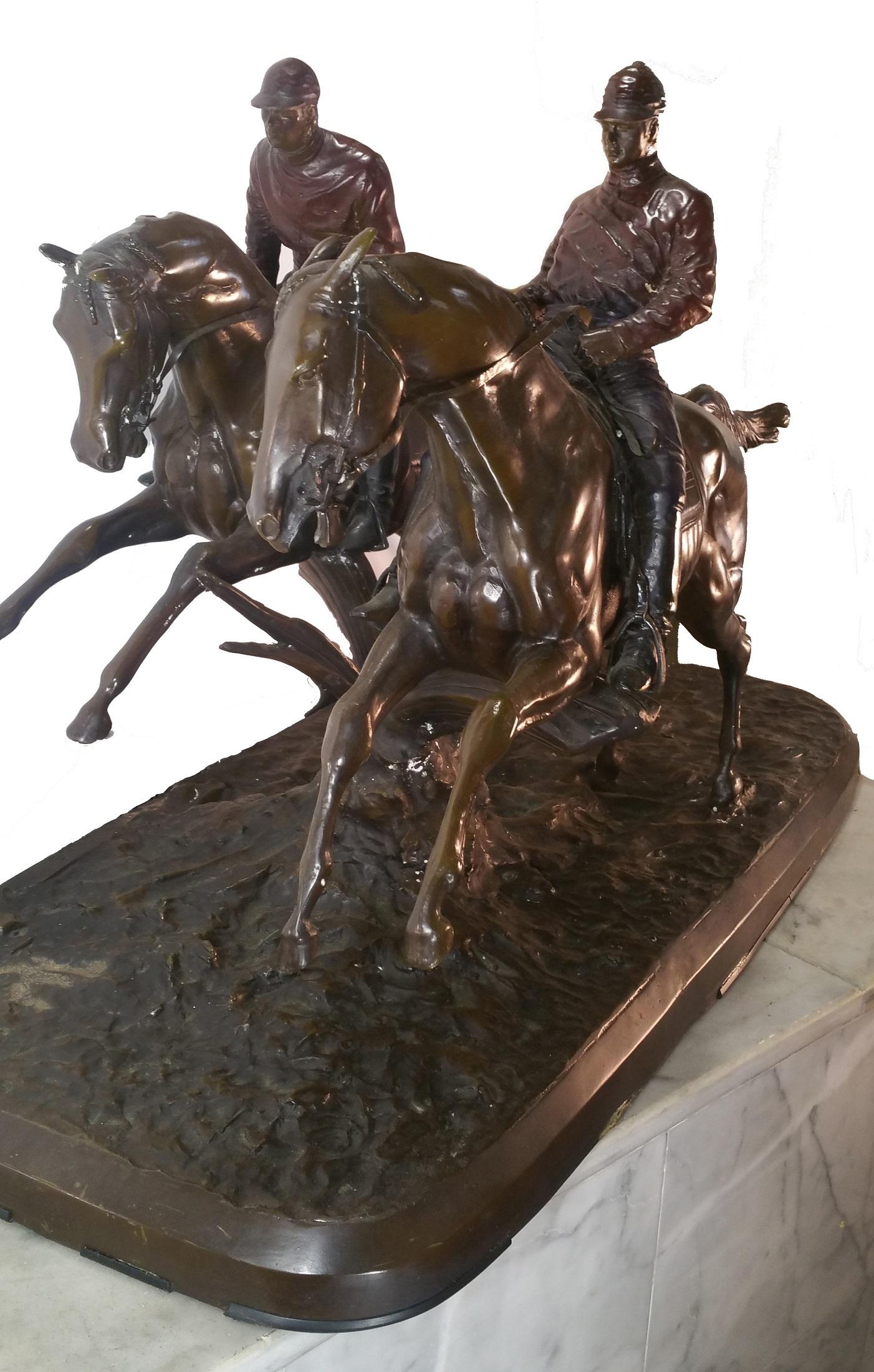 After Henri (Comte) Geoffroy De Ruille Figurative Sculpture - Mounted Jockeys Taking a Jump