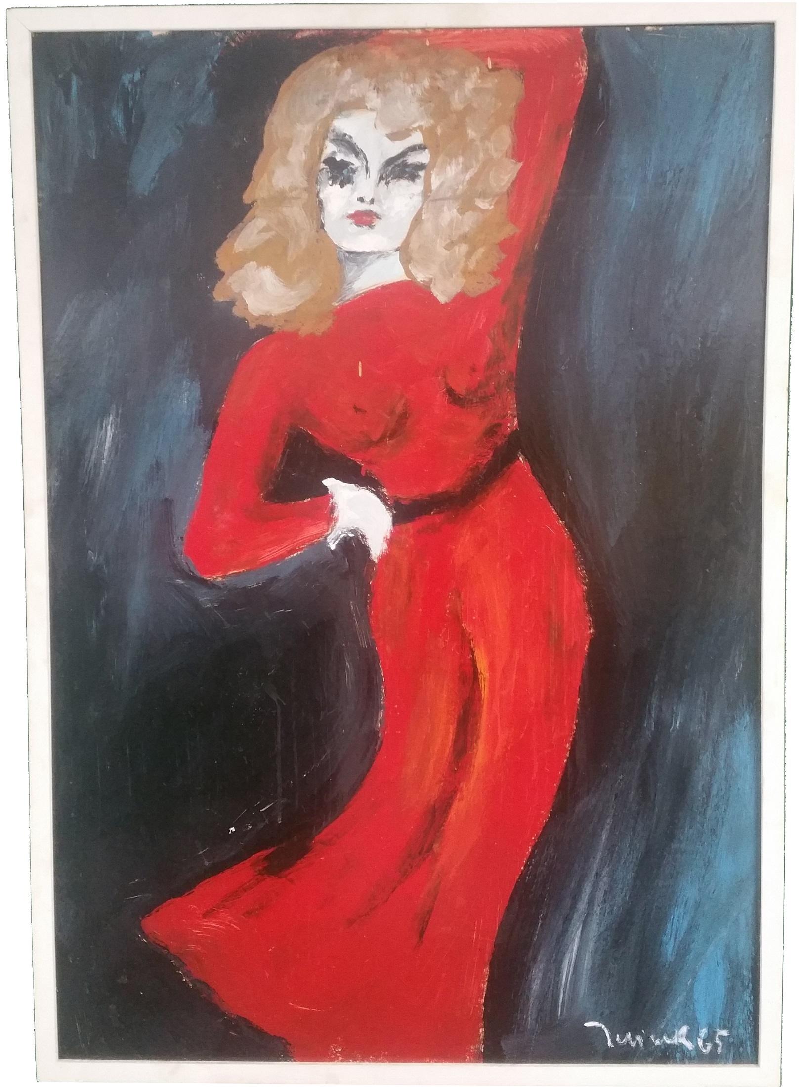 Lady Posing in einem roten Kleid – Painting von Harry Jelineck