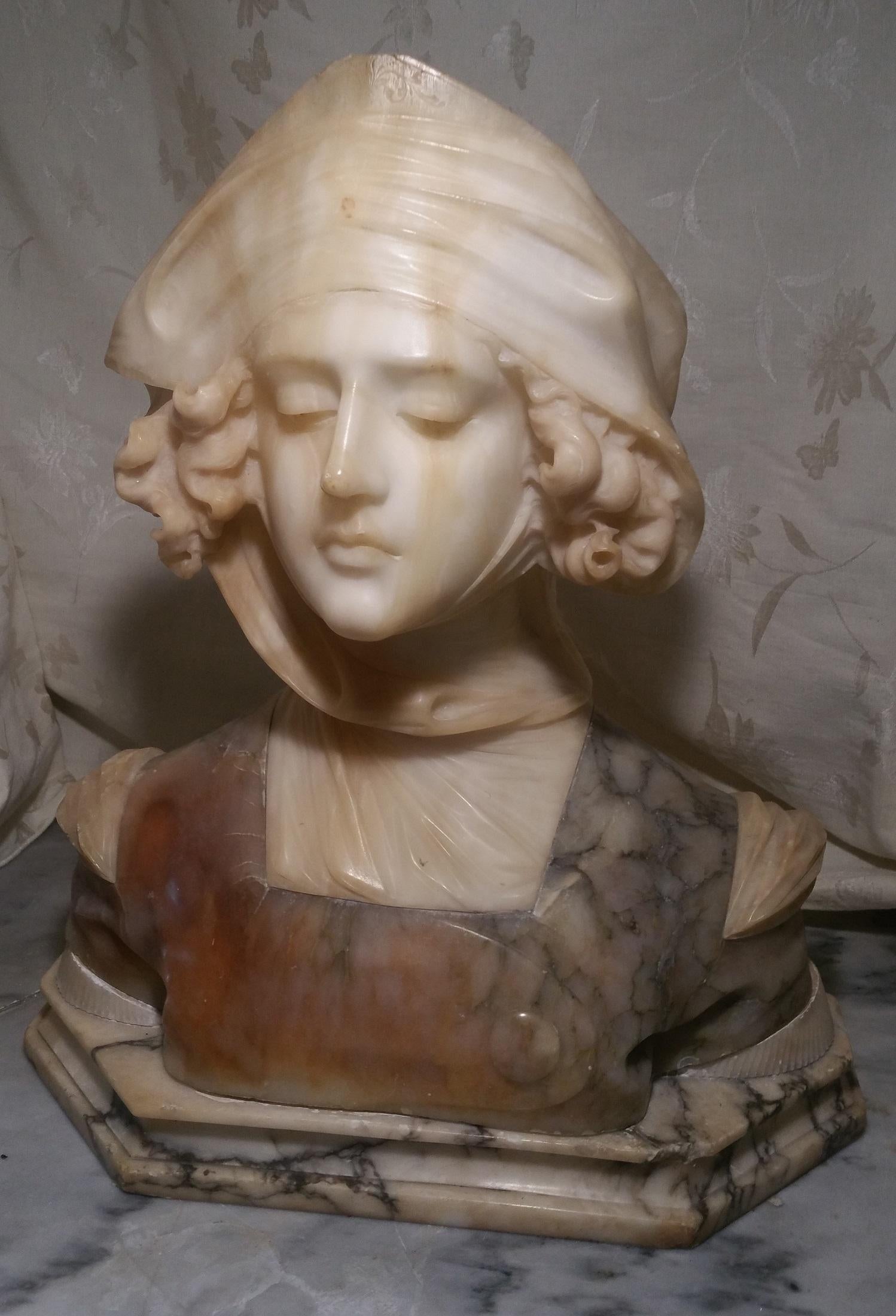 Art Nouveau Alabaster & Marble Bust Sculpture of Dante’s Beatrice  - Gray Figurative Sculpture by Unknown