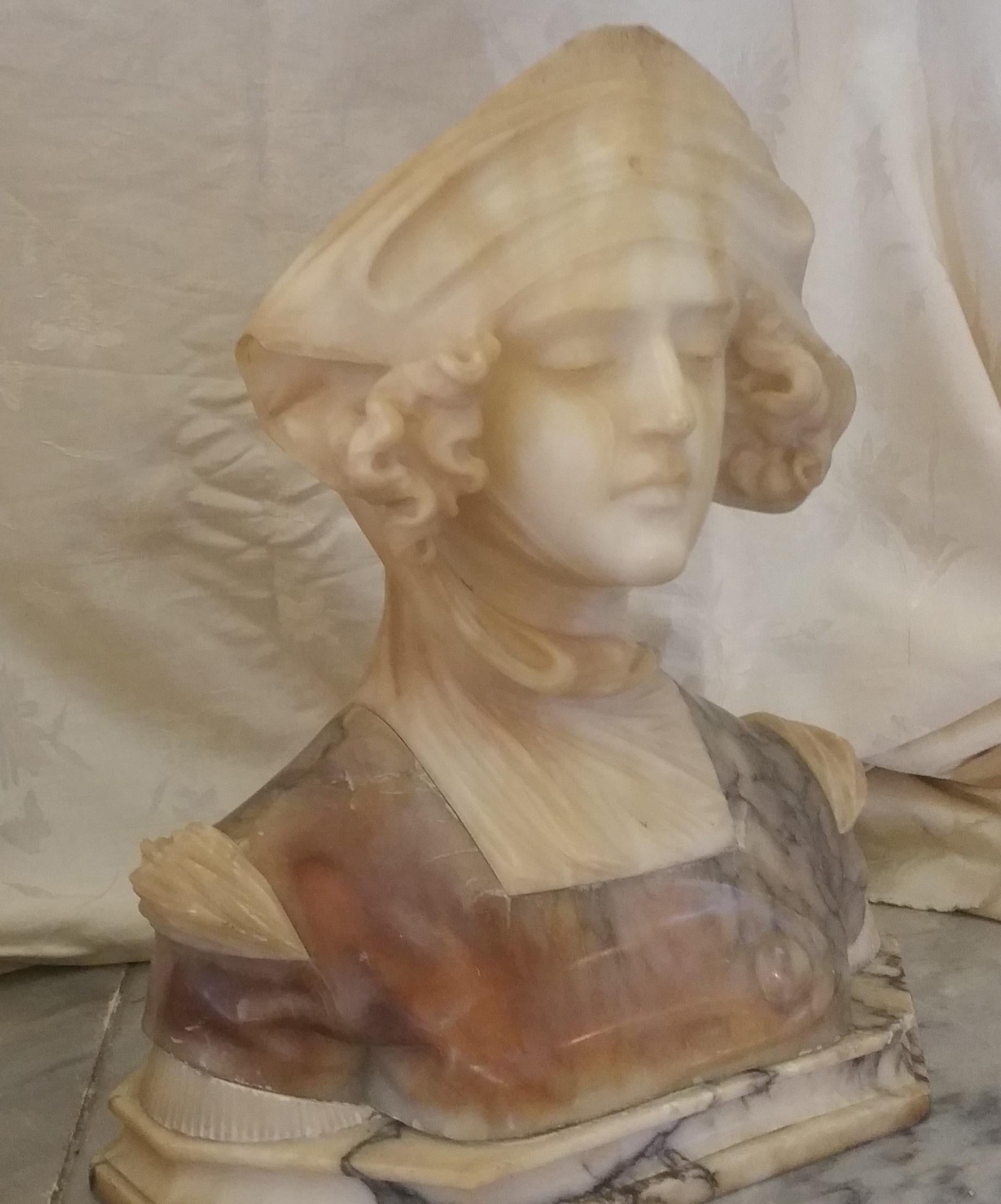 Art Nouveau Alabaster & Marble Bust Sculpture of Dante’s Beatrice (Italian 19th/early 20th century 
“Dante’s Beatrice”  
Anonymous
Multi-color Marble & Alabaster
Size: Hight 20 ¼” x Width 19” x Wide  8 ½” 
Provenance: Saratoga Springs, NY,