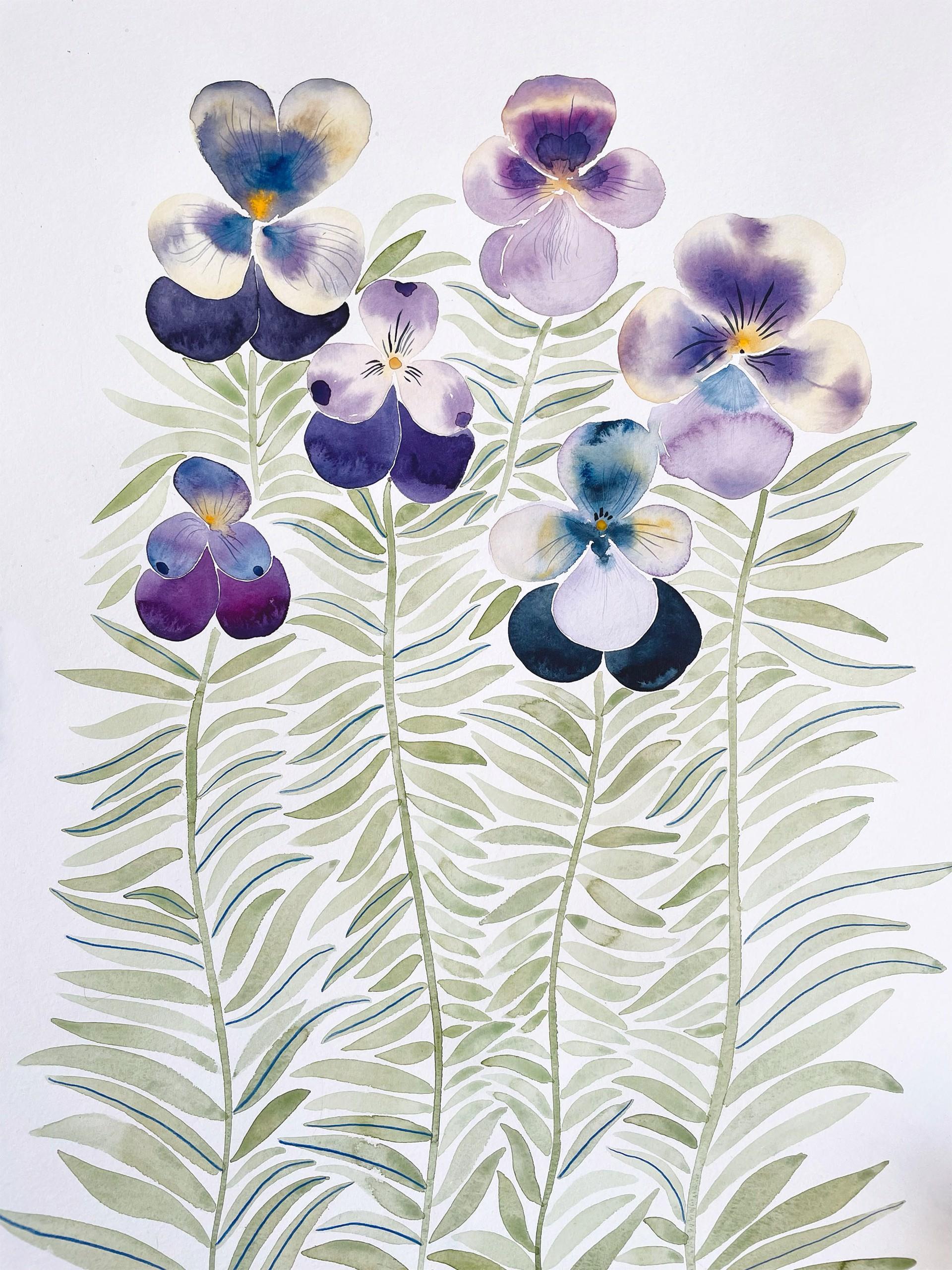 Anine Cecilie Iverson Landscape Art - Lilliac Pansies, painting & illustration, florals & nature, purple & yellow