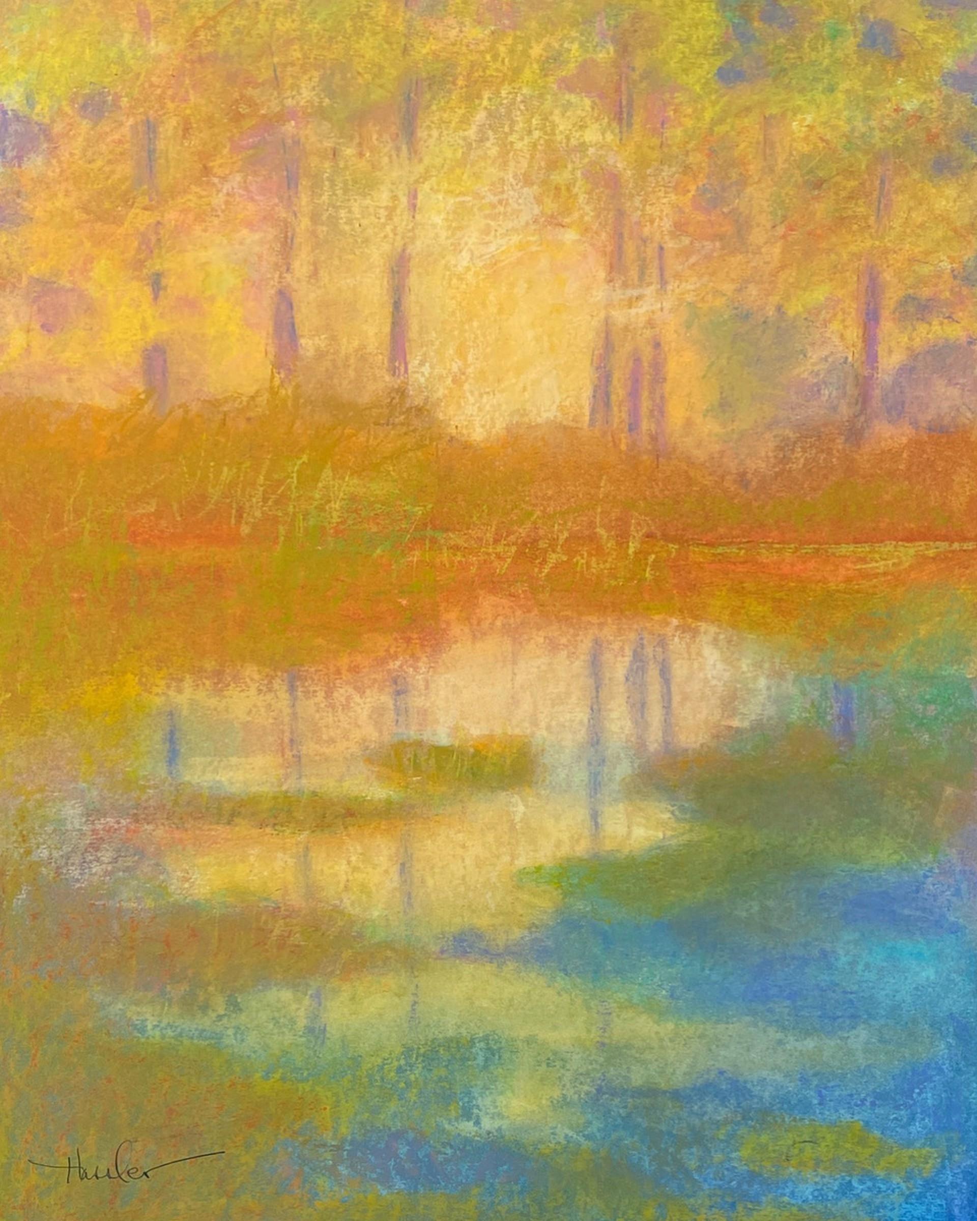 Reflecting Pond III, contemporary landscape, oil pastel, nature, water, trees - Art by Pam Hassler