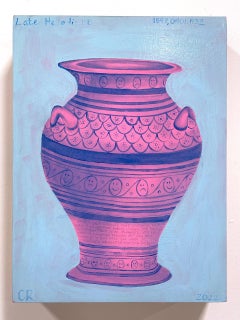 Tragi-Comi Krater, oil painting, artifact, pink & blue