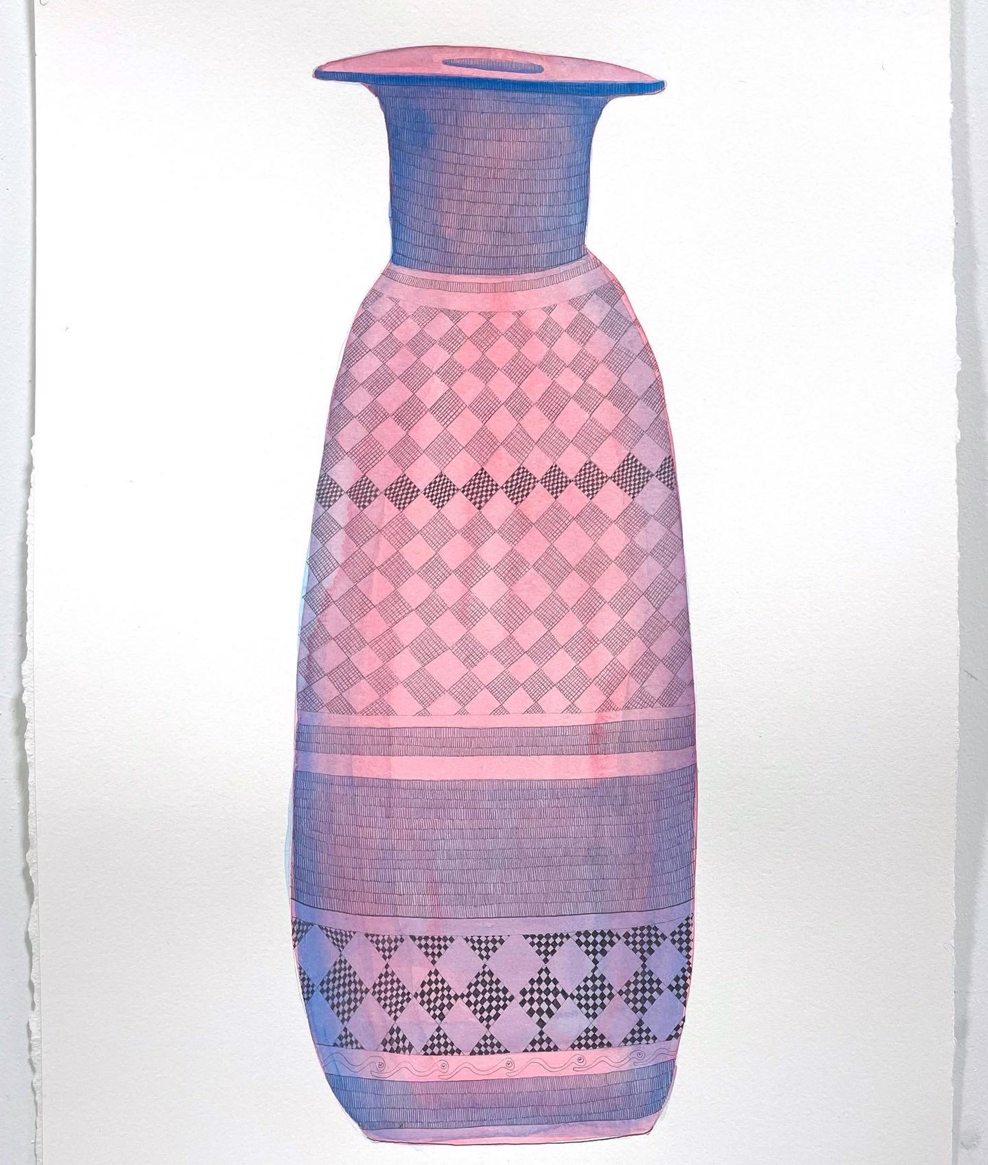 Cat Rigdon Still-Life Painting - Columbus Alabastron, gouache painting, pottery vase/artifact, pink & blue