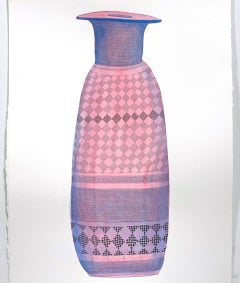 Columbus Alabastron, gouache painting, pottery vase/artefact, pink & blue