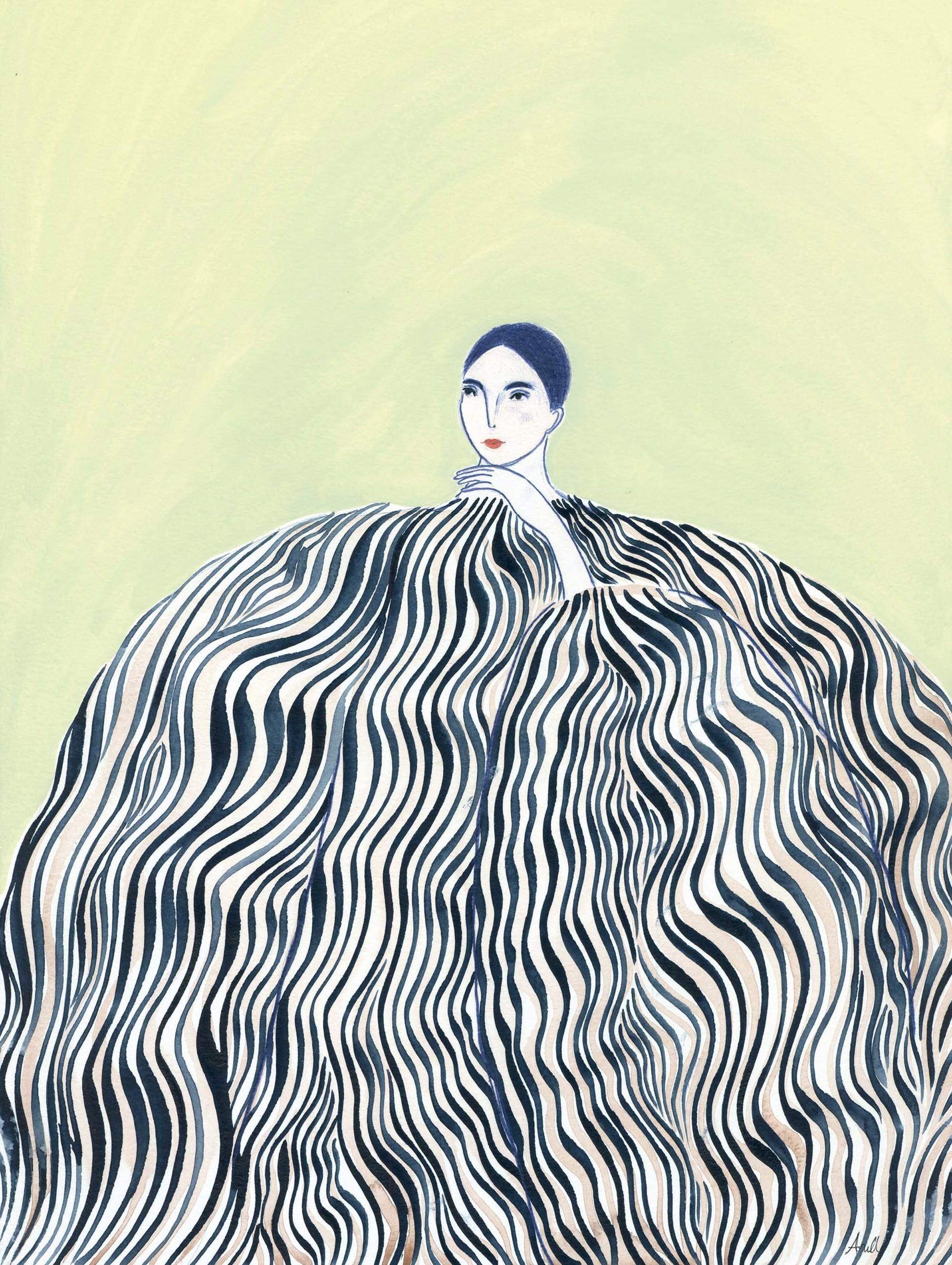 Anine Cecilie Iverson Abstract Drawing - Zebra Coat, painting & illustration, florals & nature, green black & white