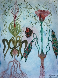 The Marriage, botanical, florals, nature, watercolor painting, pink green & blue