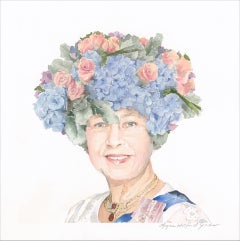 Queen Elizabeth, portrait, watercolor, florals & nature