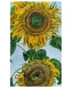 Two Sunflowers, oil painting, flowers, nature, yellow, blue 
green