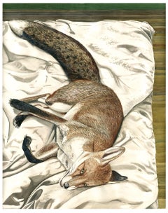 Night Portrait, watercolor painting, animals, fox, brown and green