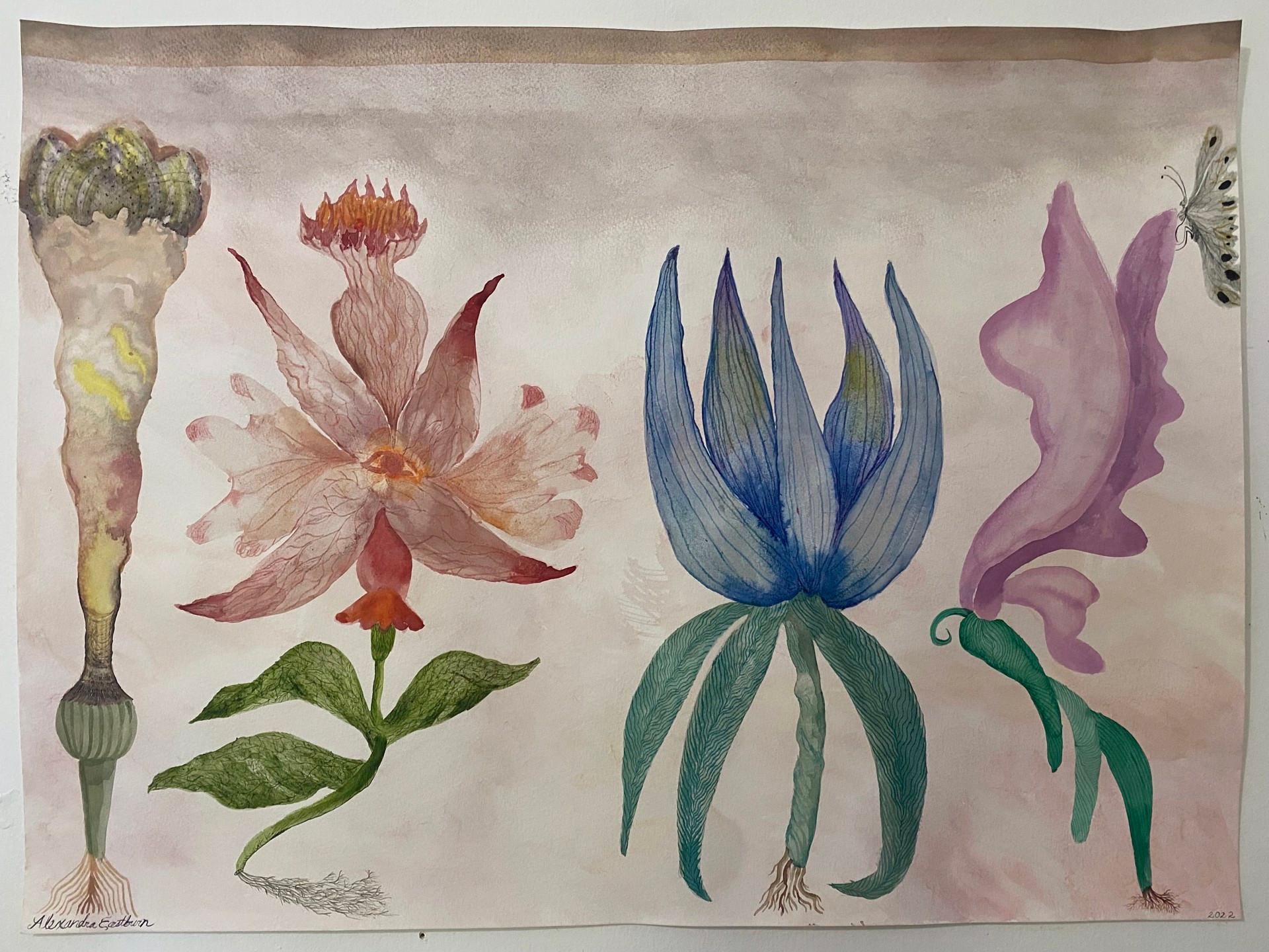 Alexandra Eastburn Landscape Art - Awake in a Dream, botanicals, florals, nature, watercolor painting, pink & blue