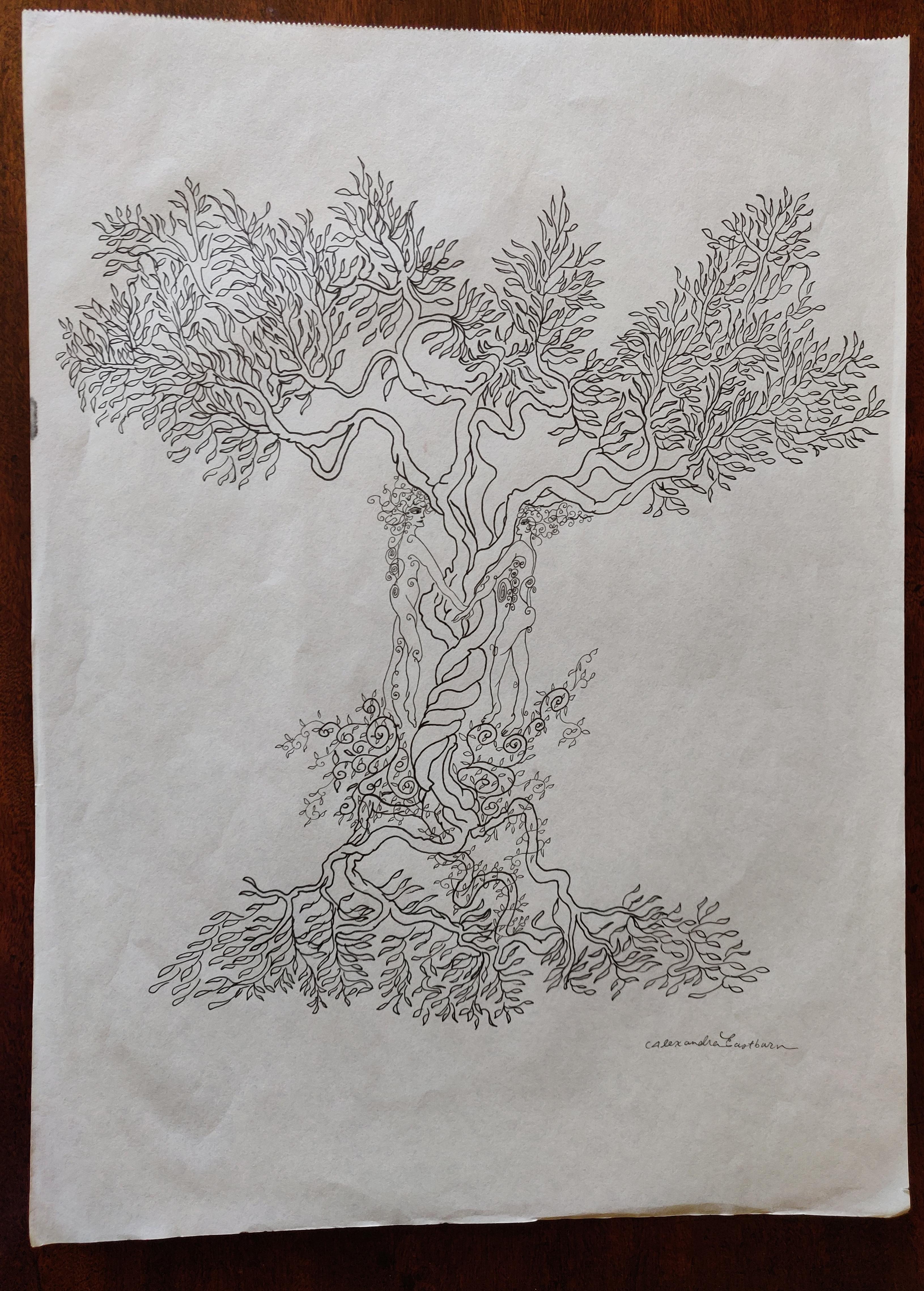 Eternal Return, figurative drawing, ink, nature, trees - Art by Alexandra Eastburn