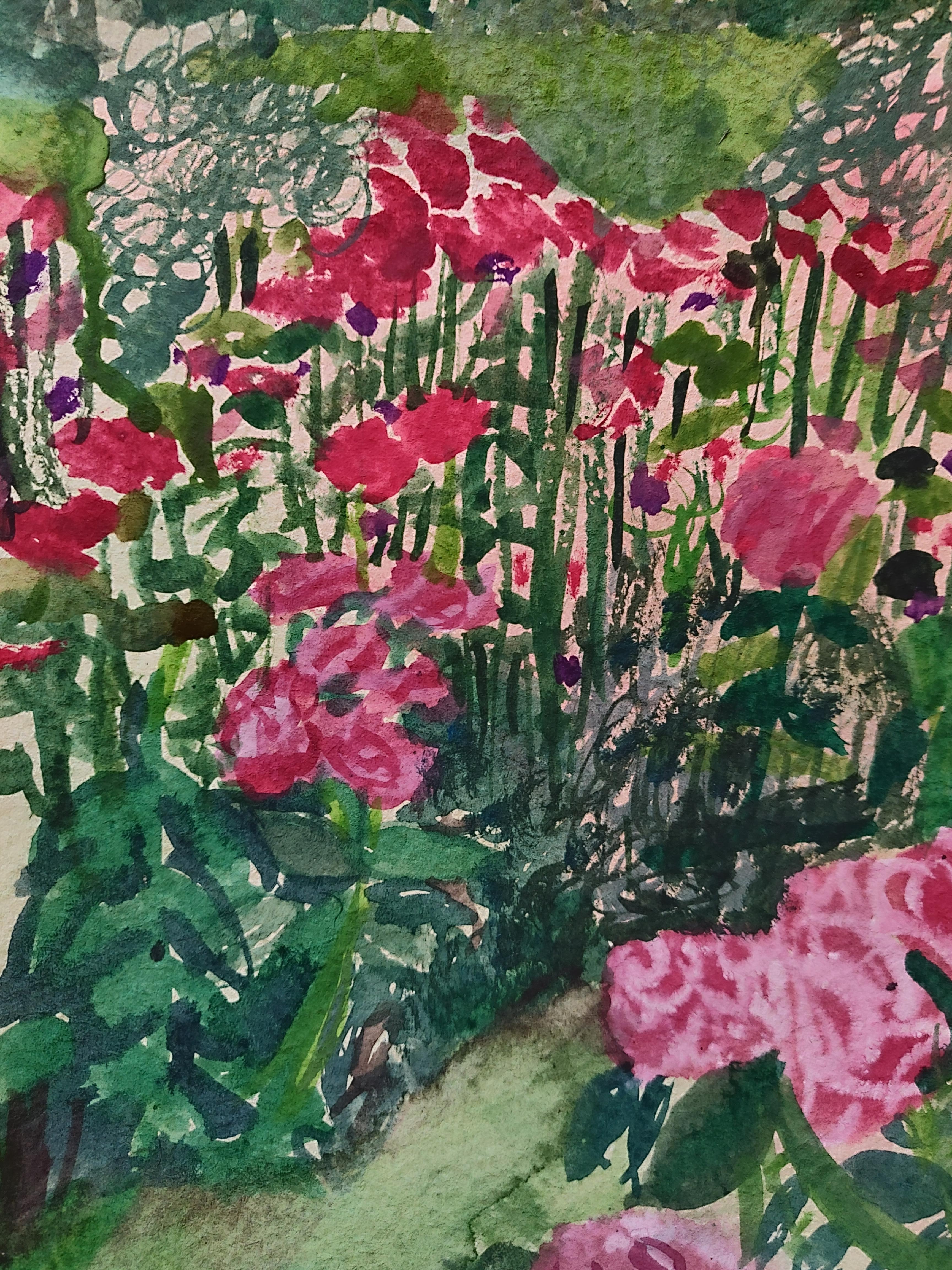 Portland Rose Garden Study,  botanical, watercolor painting, roses, pink & red - Painting by Alexandra Eastburn