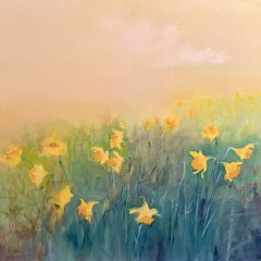 Flower Field, contemporary landscape, oil painting, florals, yellow & green