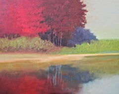 Red Reverie, contemporary landscape, oil painting, fall trees, red & purple
