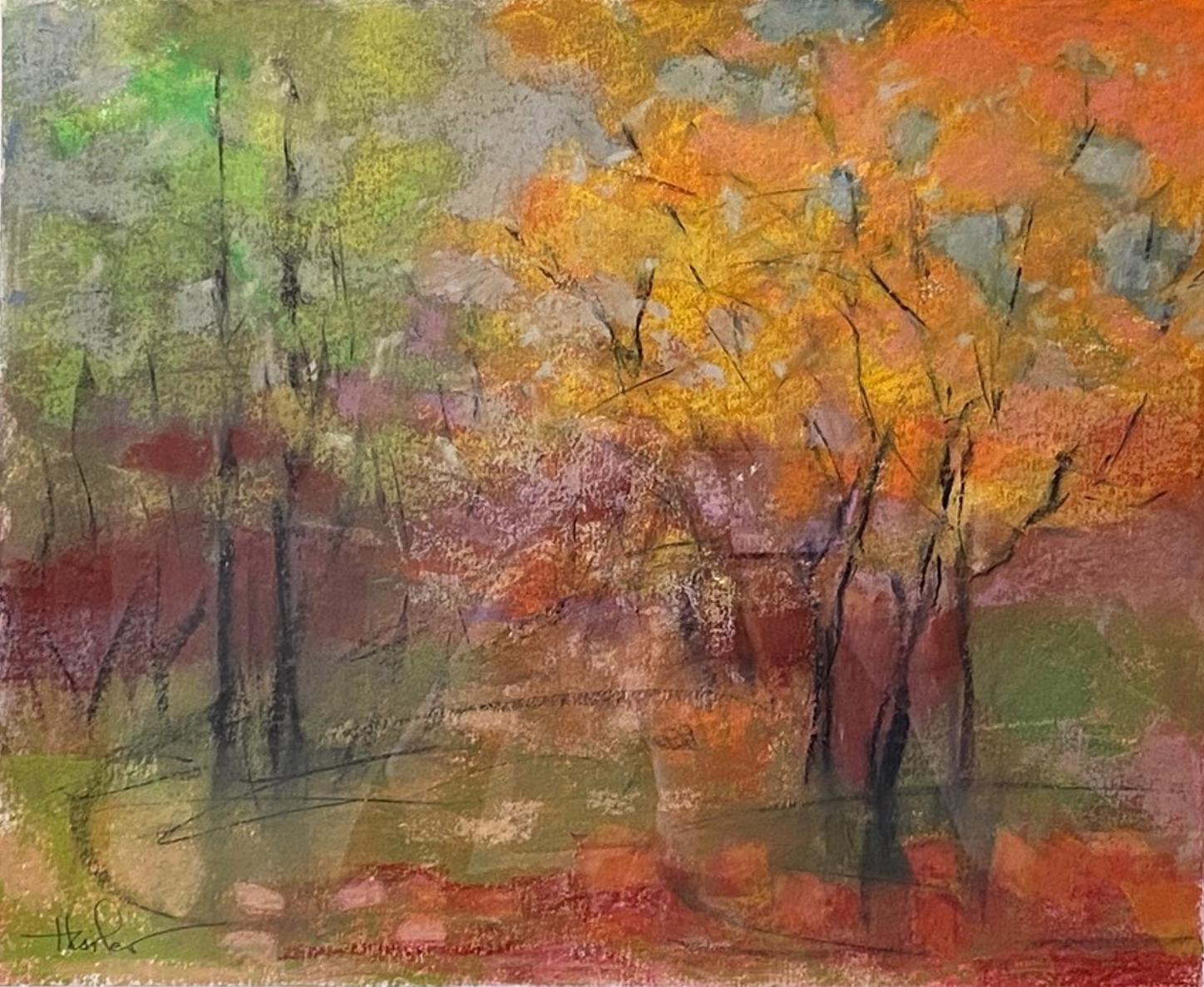 Pam Hassler Landscape Art - Fall, contemporary landscape, oil pastel, red purple orange & green
