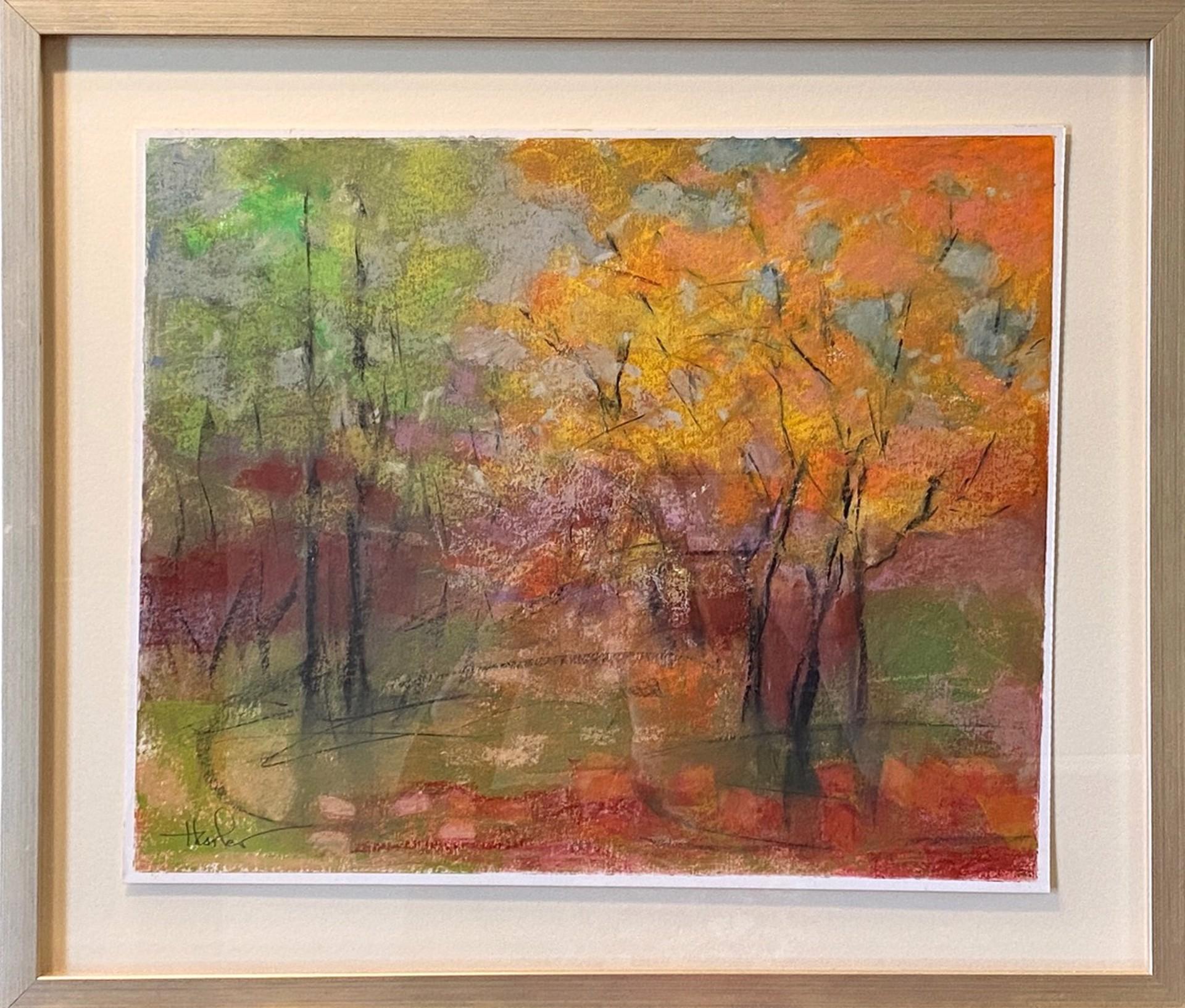 Fall, contemporary landscape, oil pastel, red purple orange & green - Art by Pam Hassler