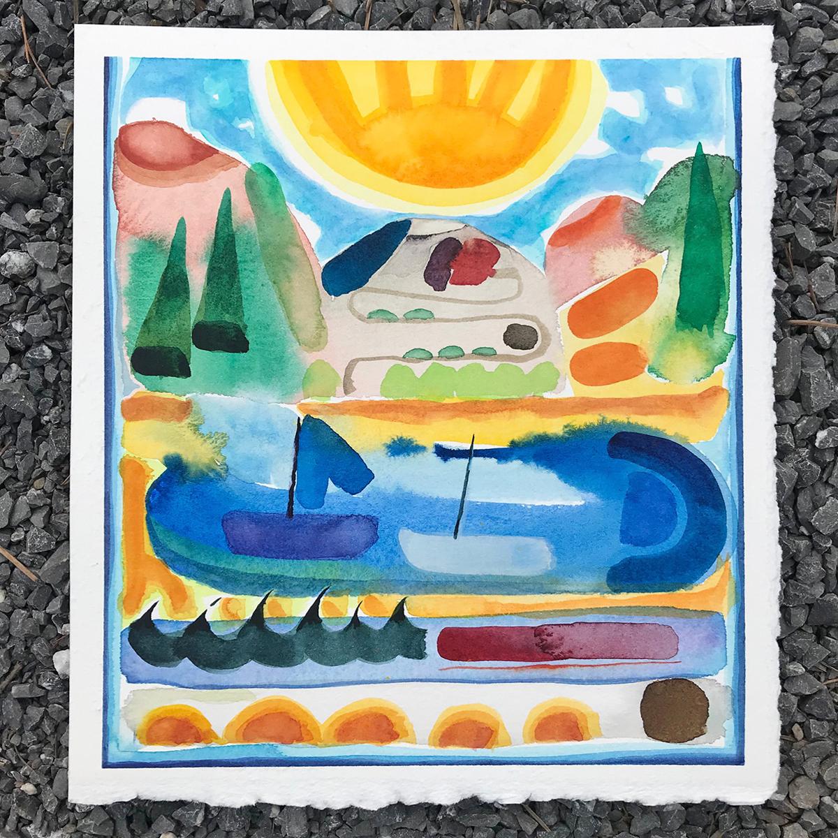 Kurt Herrmann Figurative Art - "Lake Arbutus"  Watercolor Painting -travel, bold, abstract, landscape, colorful