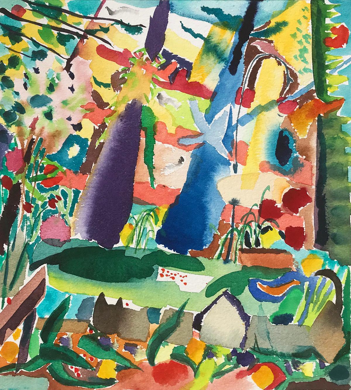 "Flashback Stonecat"  Peinture à l'aquarelle audacieuse, abstraite, paysage, colorée