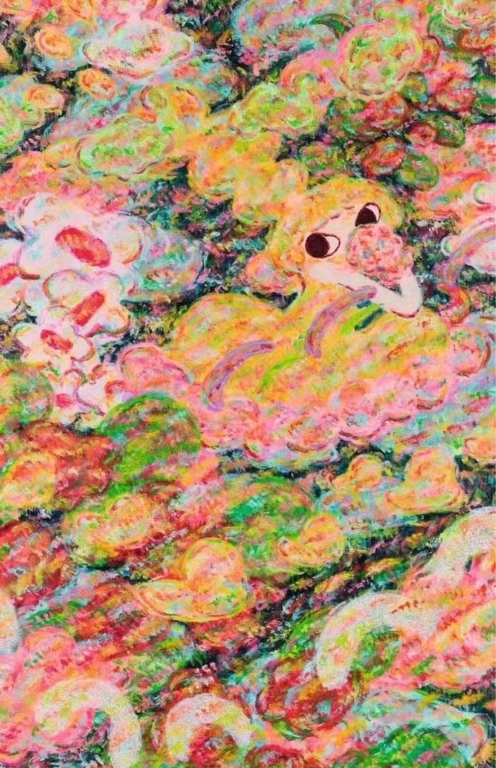This cotton beach towel features Rokkaku's painting UNTITLED (2021), which depicts a floating dreamscape of colourful clouds. At a closer look, wide-eyed girls and other fantastical manga-style creatures appear in the cloud formations. Rokkaku