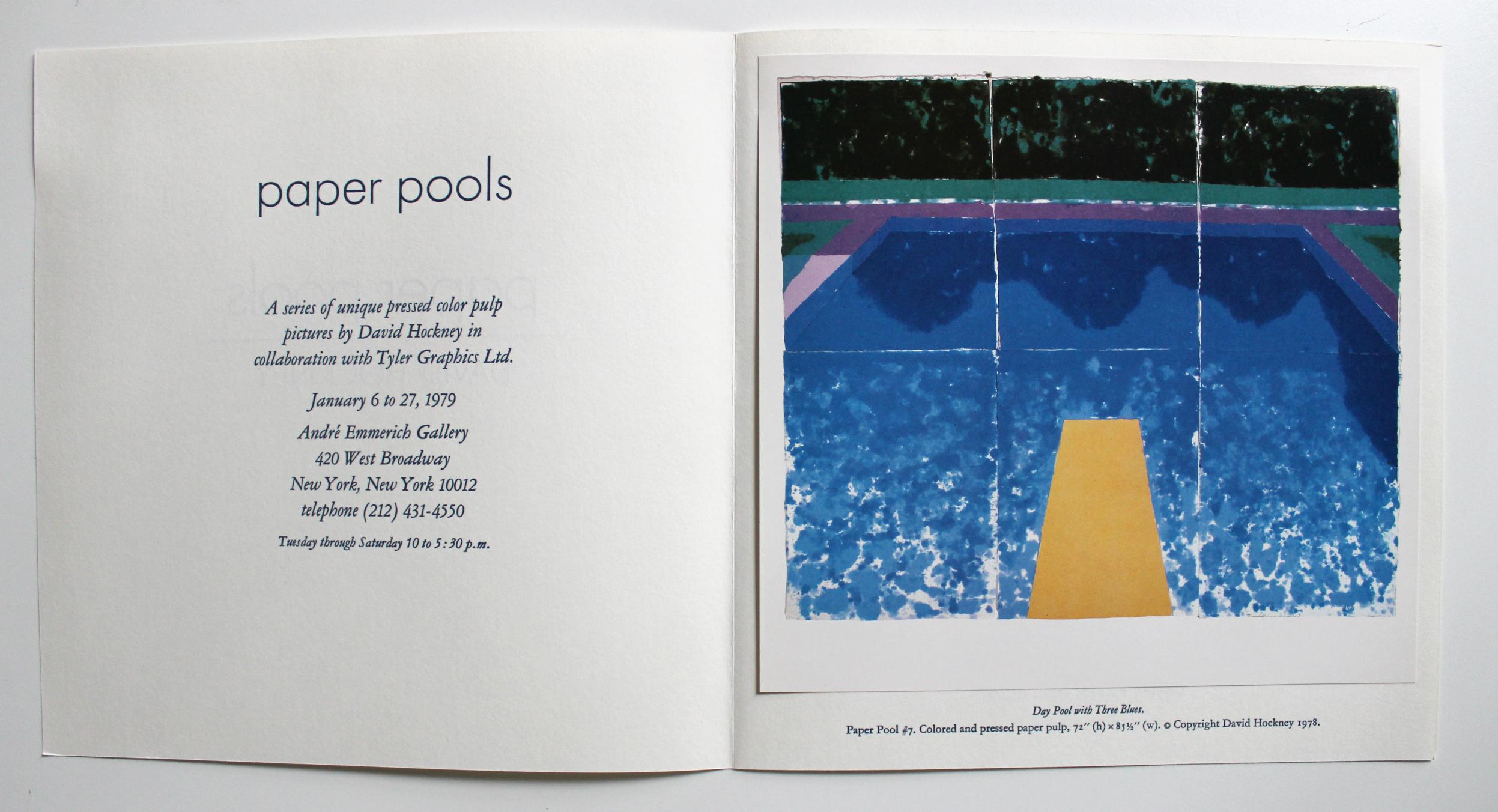 Vendu sans cadre

Réalisé à l'occasion de la collaboration de David Hockney Paper Pools avec Tyler Graphics Ltd en 1979. L'exposition a été présentée à la galerie Andre Emmerich à New York du 6 au 27 janvier 1979. 
 
À l'intérieur de l'invitation