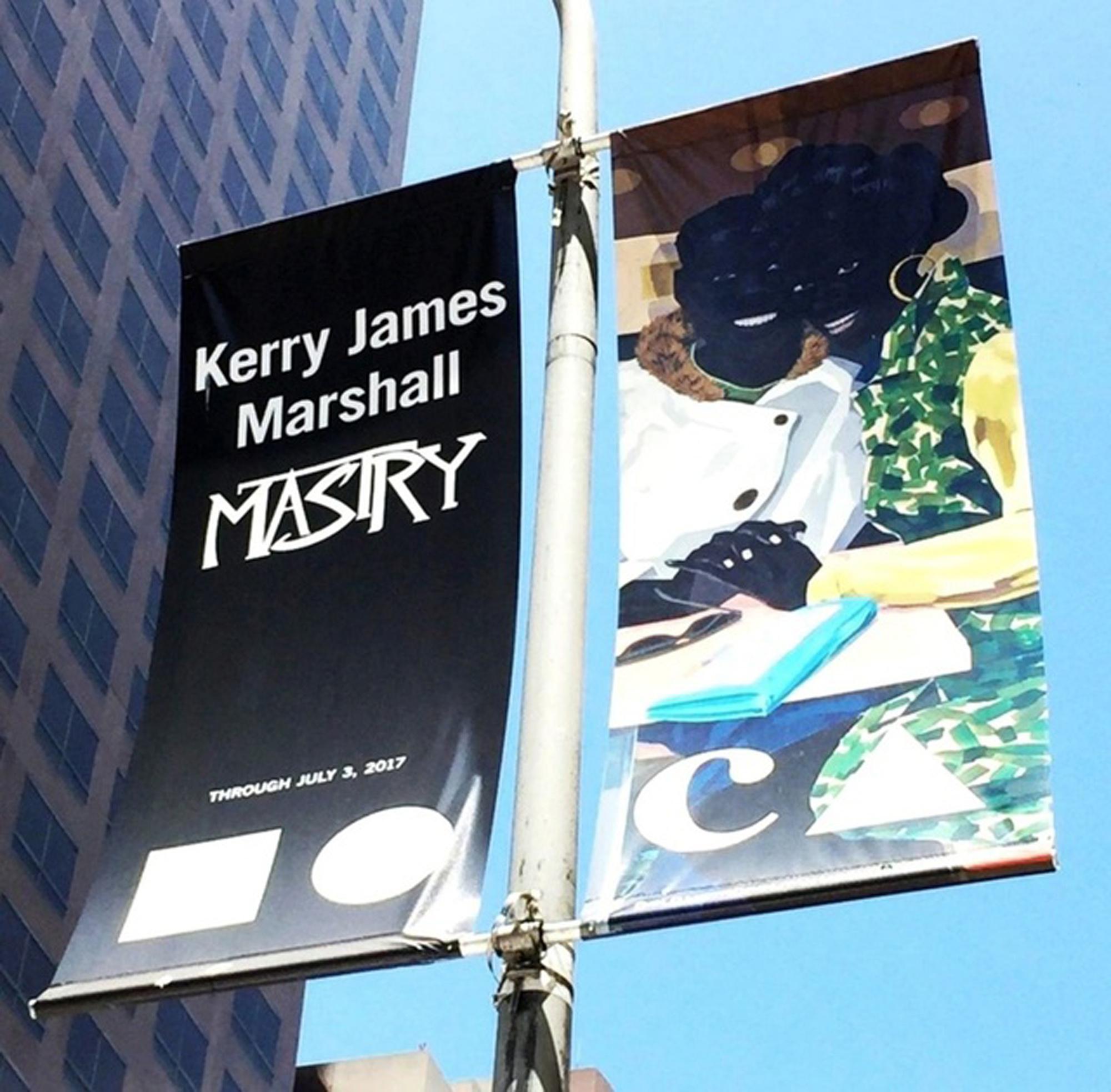 Bannière vinyle double face réalisée en 2017 à l'occasion de l'exposition Kerry James Marshall : Mastry au MOCA du 12 mars au 3 juillet 2017.
