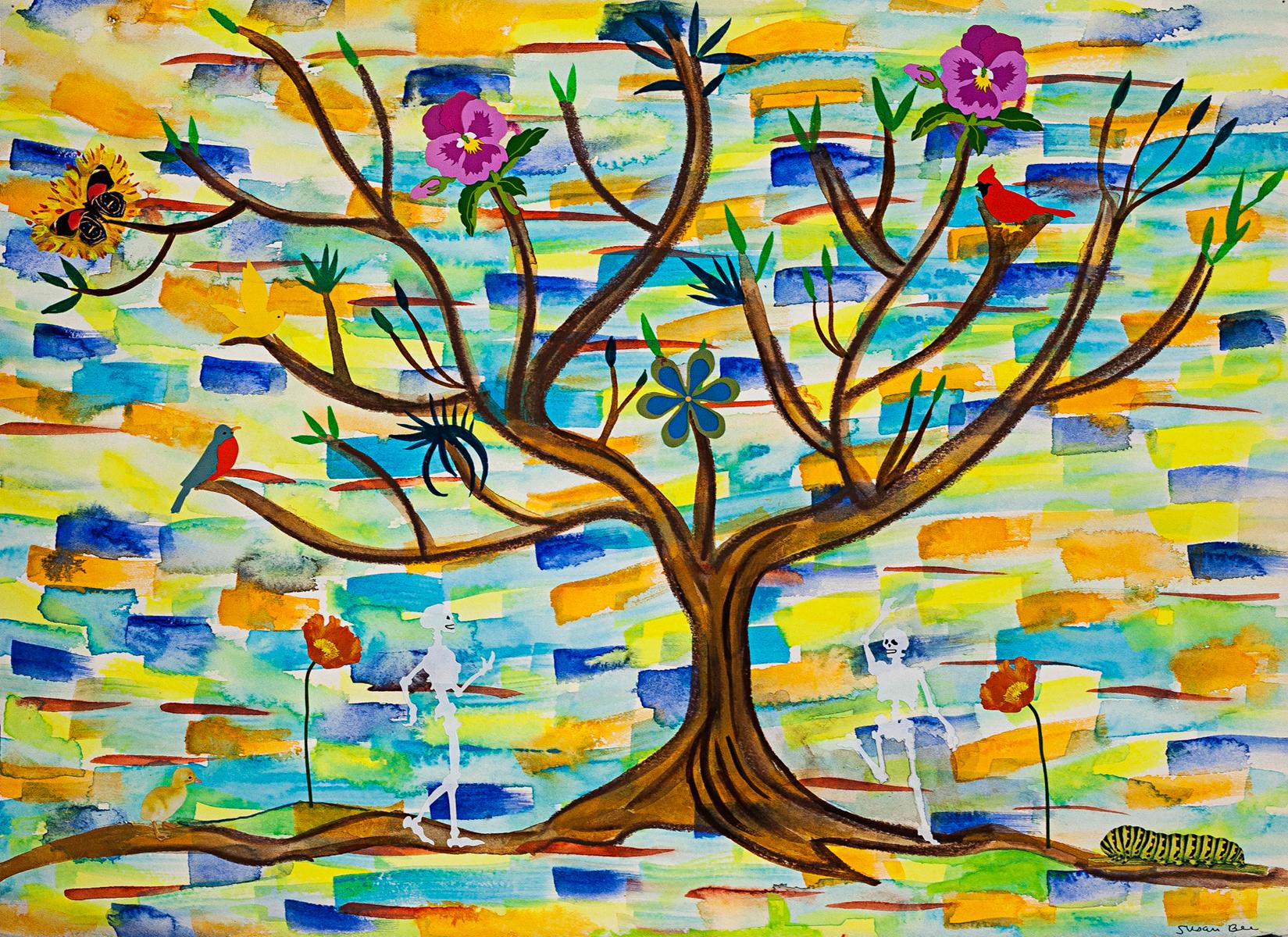 Susan Bee, Caterpillar and Landscape, gouache, collage, encre, crayon de couleur