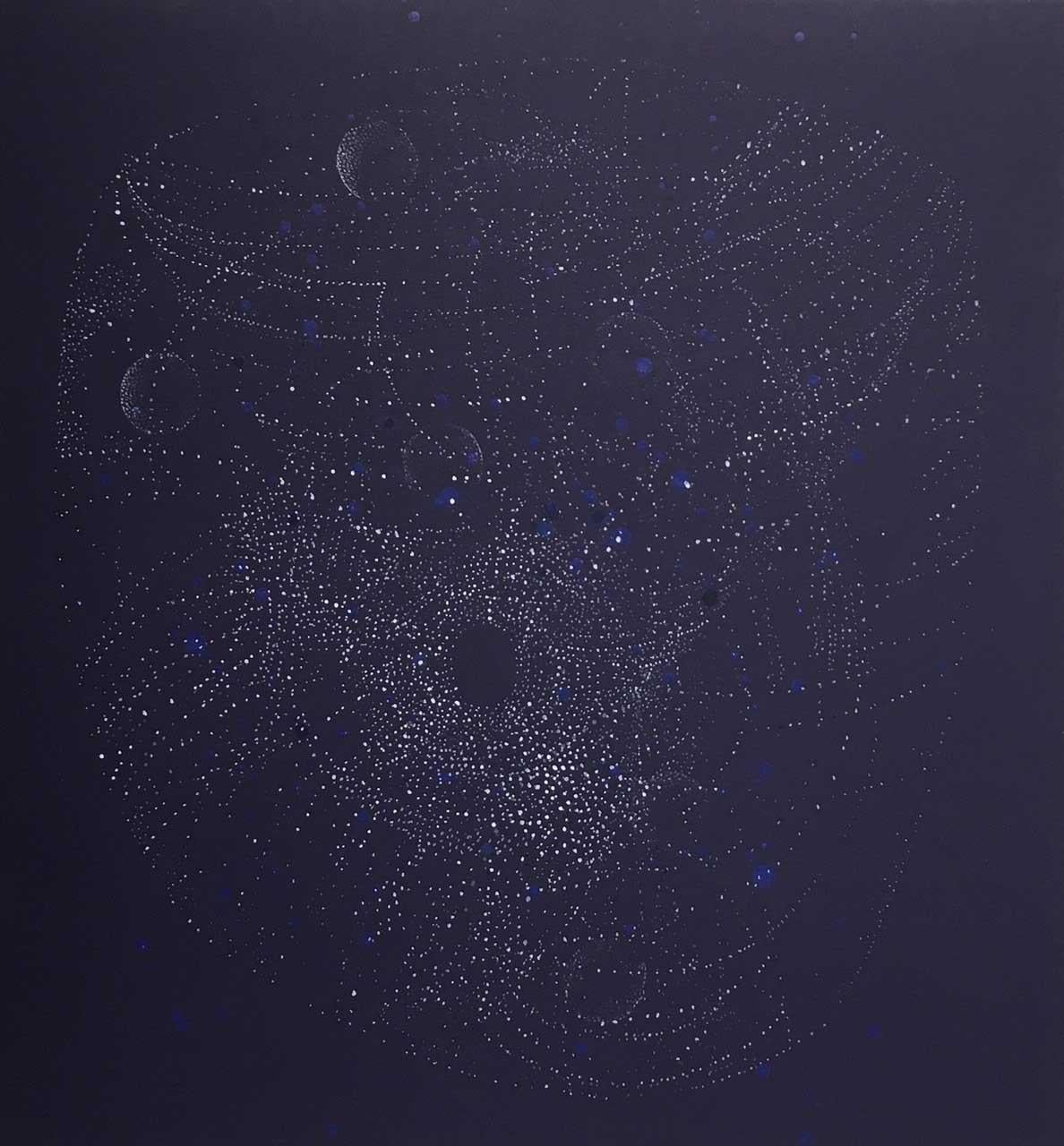 Andra Samelson’s work explores the relationship of microcosm and macrocosm, emptiness and form. The imagery in her paintings is often associated with molecular and galactic systems. Rendering forms from the inside, her migrating, dotted lines, made