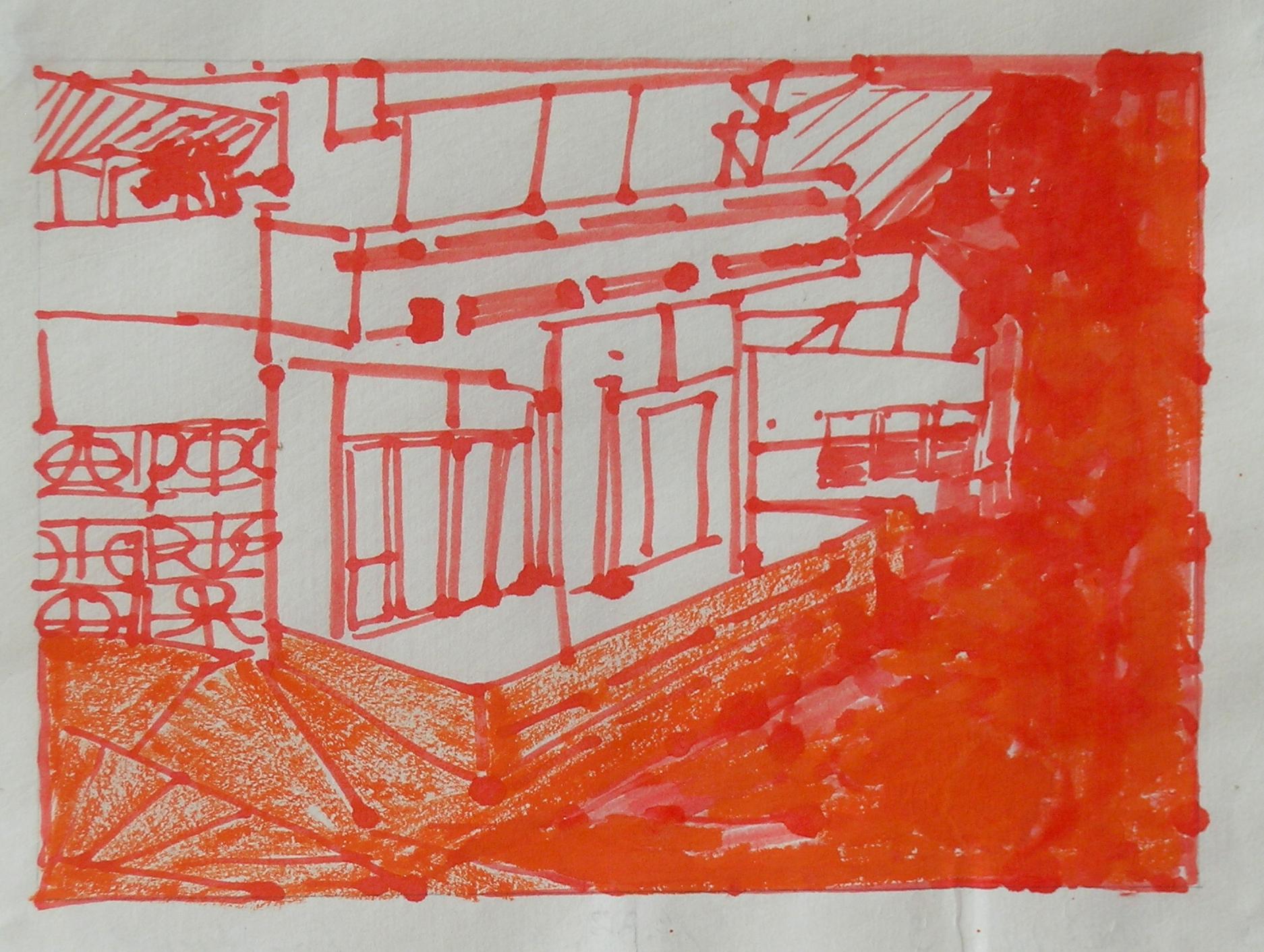 Josette Urso, Backyard 2, 2005, dessin à l'encre à l'encre, 6 x 8 pouces en vente 1