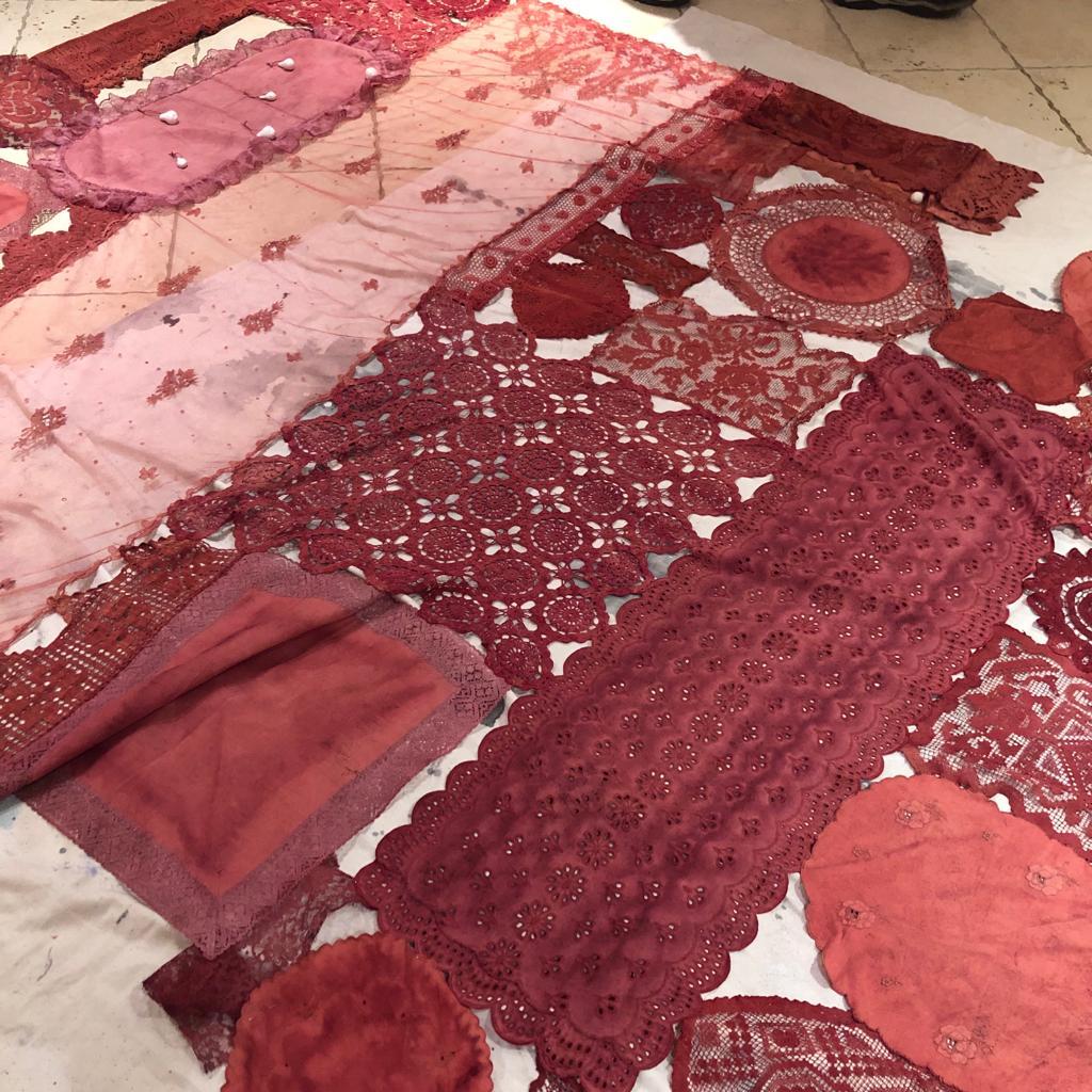Patricia Miranda, Lamentations for Rebecca; 2020, lace, cochineal dye, thread For Sale 1