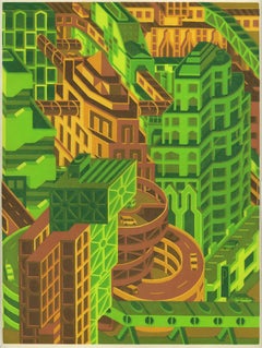 Michael Dal Cerro, Interlinking Skyways, 2020, Linocut, Paesaggio urbano, Moderno