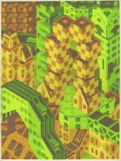 Michael Dal Cerro, Stepped Cubes, 2019, Linocut, Urban Landscape