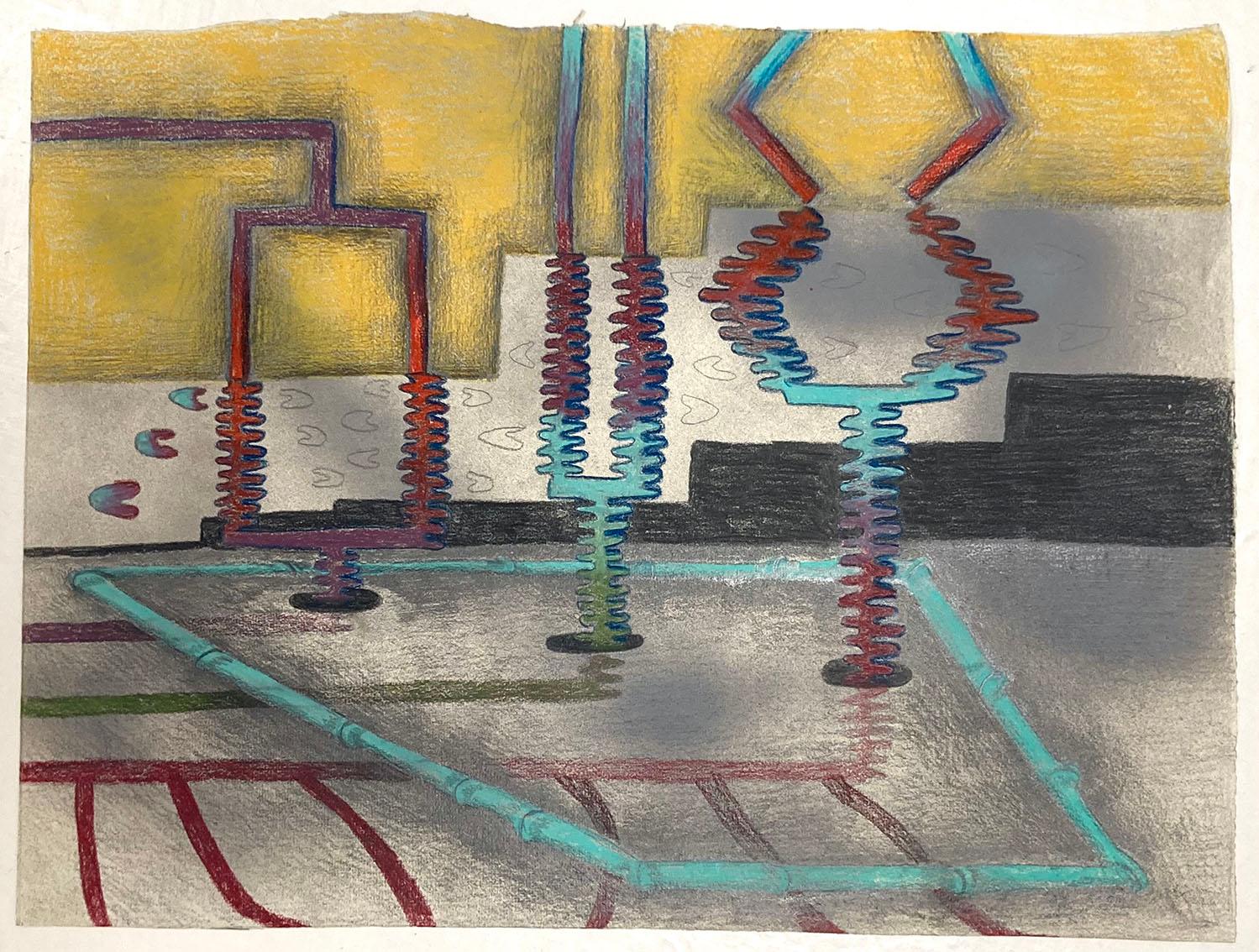 'HOT FORKS', 2020
Colour pencil, spray paint and graphite on handmade paper
Signed and dated
29 x 42 cm

Artist Rita Evans’s imaginative practice is an admixture of autonomous practice, creative improvisation and an interest in the haptic process of