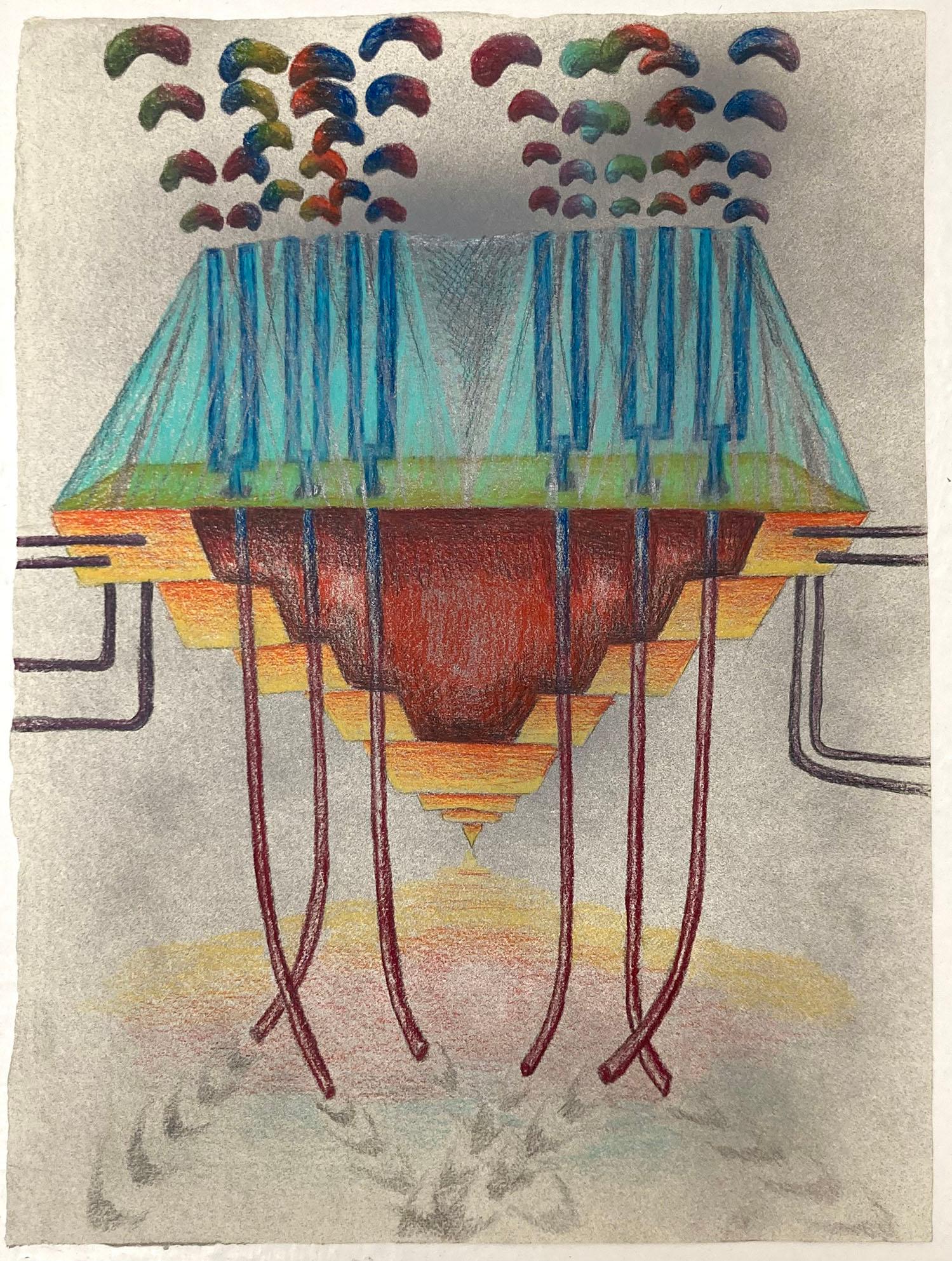 Rita Evans Abstract Drawing - 'SIGNAL MACHINE', 2020 Colour pencil, spray paint and graphite on handmade paper