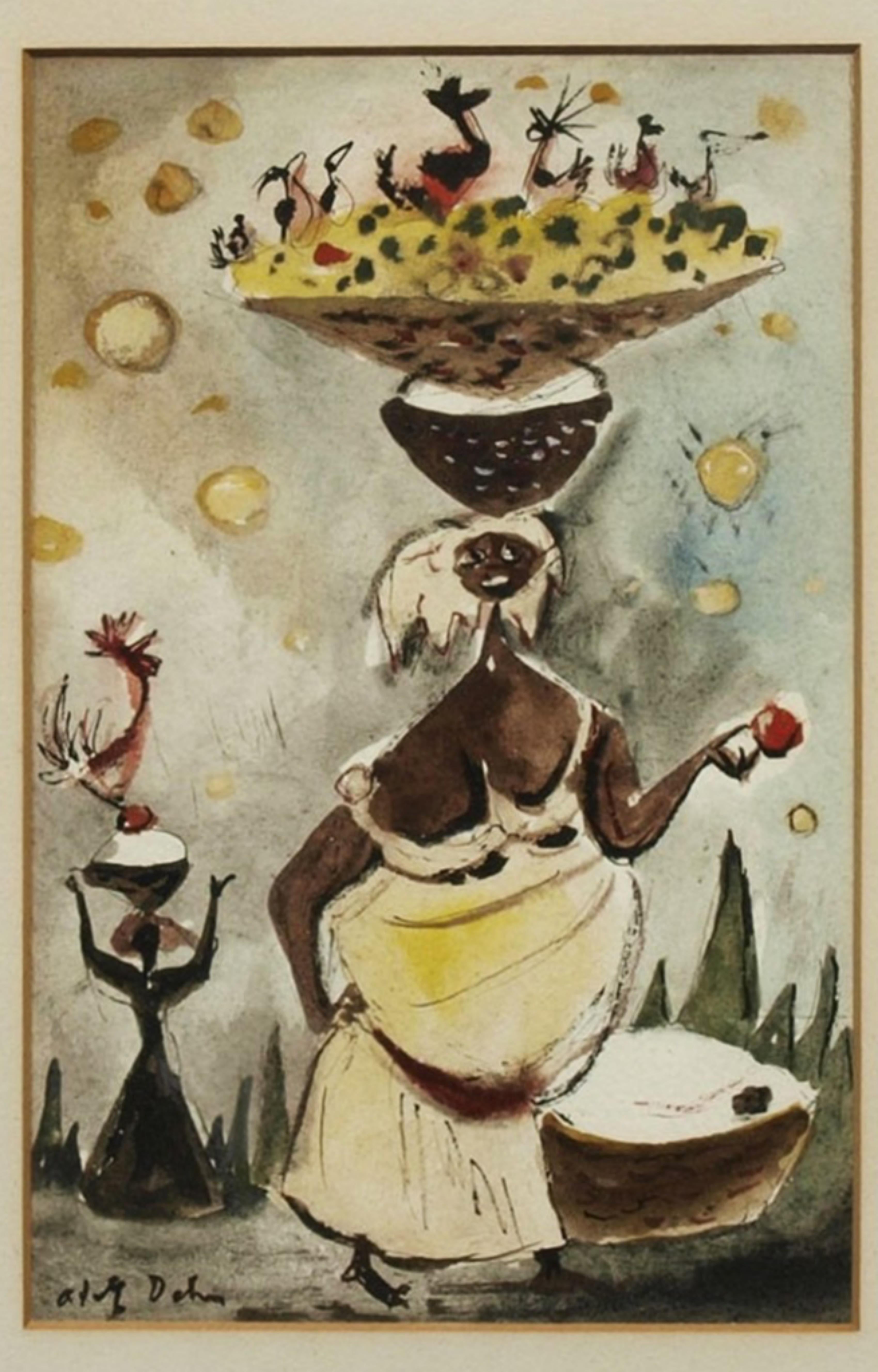Scène haïtienne n° 7 Peinture moderne du milieu du siècle dernier d'artiste de renom, signée AA label