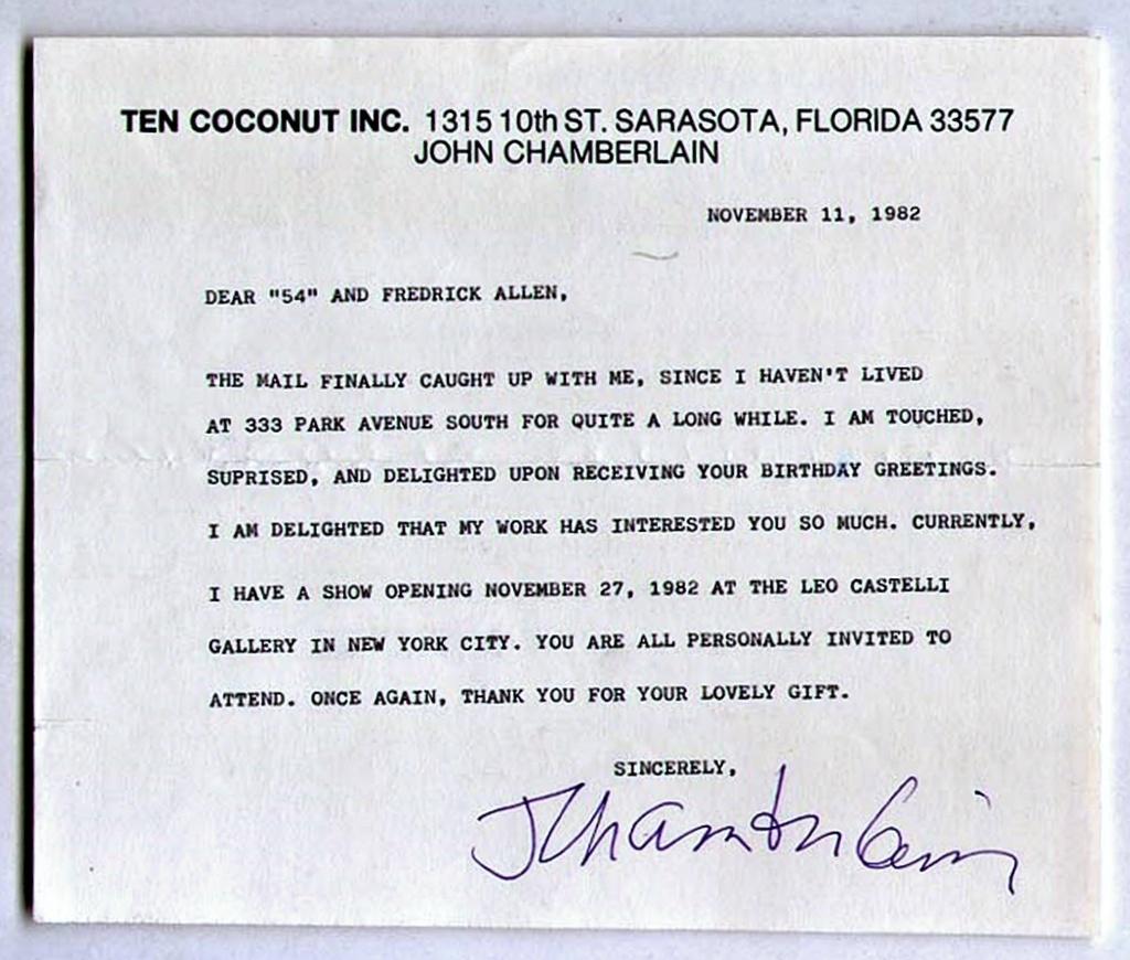 Câble Western Union signé à la main concernant l'exposition de sculptures à la célèbre galerie Leo Castelli - Art de John Chamberlain